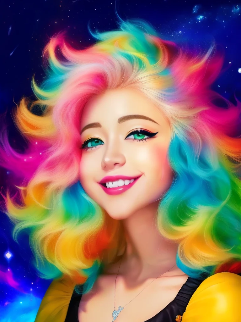 Close-up of a woman with colorful hair and necklace, anime girl with cosmic hair, Rossdraws soft vibrancy, Gouviz style artwork, fantasy art style, colorful], vibrant fantasy style, Rossdraws cartoon full of vitality, cosmic and colorful, Guweiz, colorful digital fantasy art, stunning art style, beautiful anime style, glowing hair