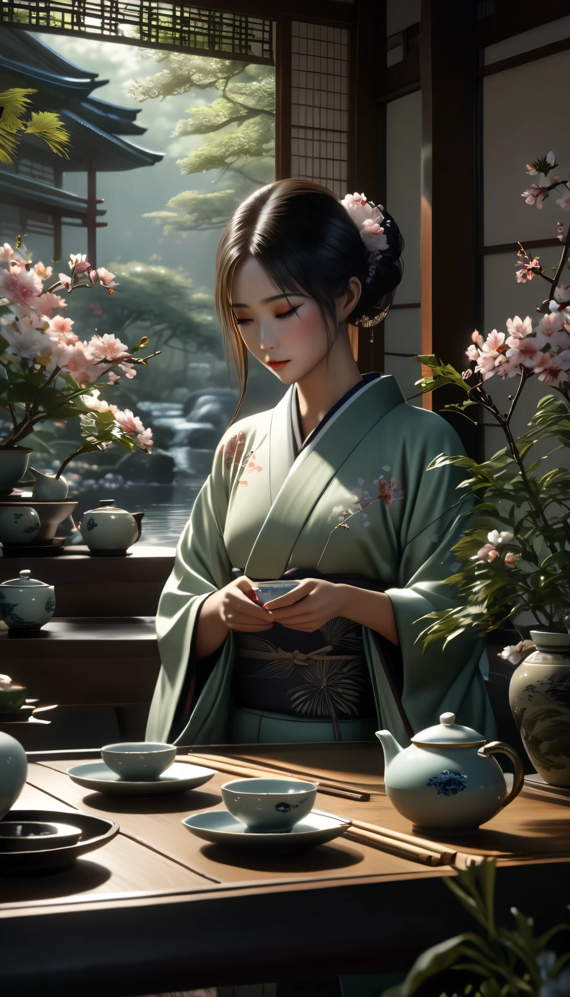 a beautiful girl in a serene moonlit garden, performing a traditional japanese tea ceremony, long flowing kimono, graceful movements, delicate porcelain teacup, lush greenery, moonlight shimmering, intricate flower arrangements, calming atmosphere, (best quality,4k,8k,highres,masterpiece:1.2),ultra-detailed,(realistic,photorealistic,photo-realistic:1.37),detailed facial features,extremely detailed eyes and face,longeyelashes,soft lighting,muted color palette,serene,tranquil,traditional japanese art