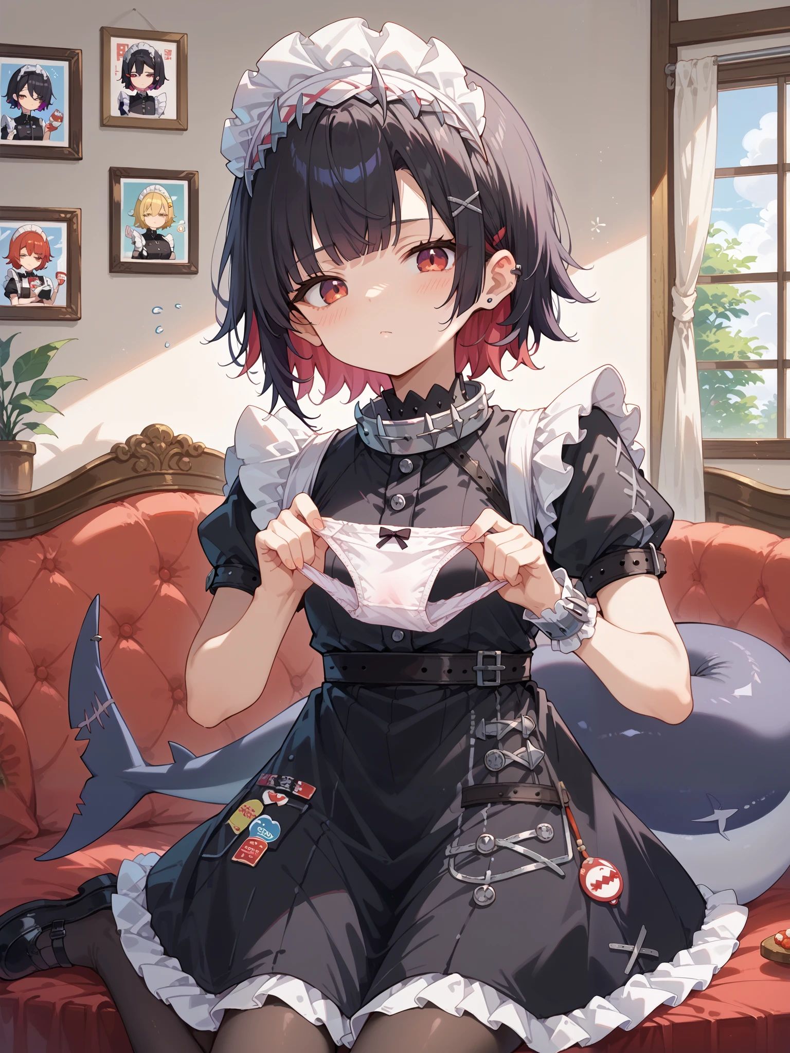 score_9, score_8_up, score_7_up, source_anime,
, looking at viewer,sleepy, blush, ellen, red eyes, black hair, short hair, colored inner hair, hairclip, ear piercing, fins, shark tail, maid headdress, hair ornament, black dress, puffy short sleeves, choker, frilled dress, high-waist skirt, black pantyhose, wrists cuffs, apron, belt, black footwear,nsfw,holding panties,cumon panties
