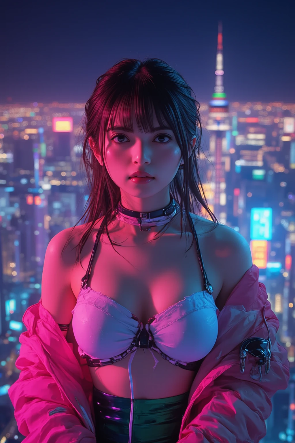 ((NSFW:-0.95)), (((nipple:-0.9))), ((Acutance:0.85)), (from below) . A (KAWAII girl:1.2) is quarter squatting in the city, with white lingerie and Red highheels. The background is the downtown area at (Twilight:1.4), (Red-dyed clouds above hed), { Skyscrapers Shining in the setting sun | (many colorful Lights:1.2) | (lens flare) | Burning | heyz | luminous Particles | Mystic sight } . (Masterpiece:1.2) with Hasselblad, bokeH, (realistic and photorealistic with touch of rawness:1.37), physically-based 3D rendering with ultra-detailed. This character has Overflowing Gigantic Cleavage and (visible sideboob and underboob:1.2), { Oiled ivory skin | Detailed open crotch | A Number of girls watching her } .