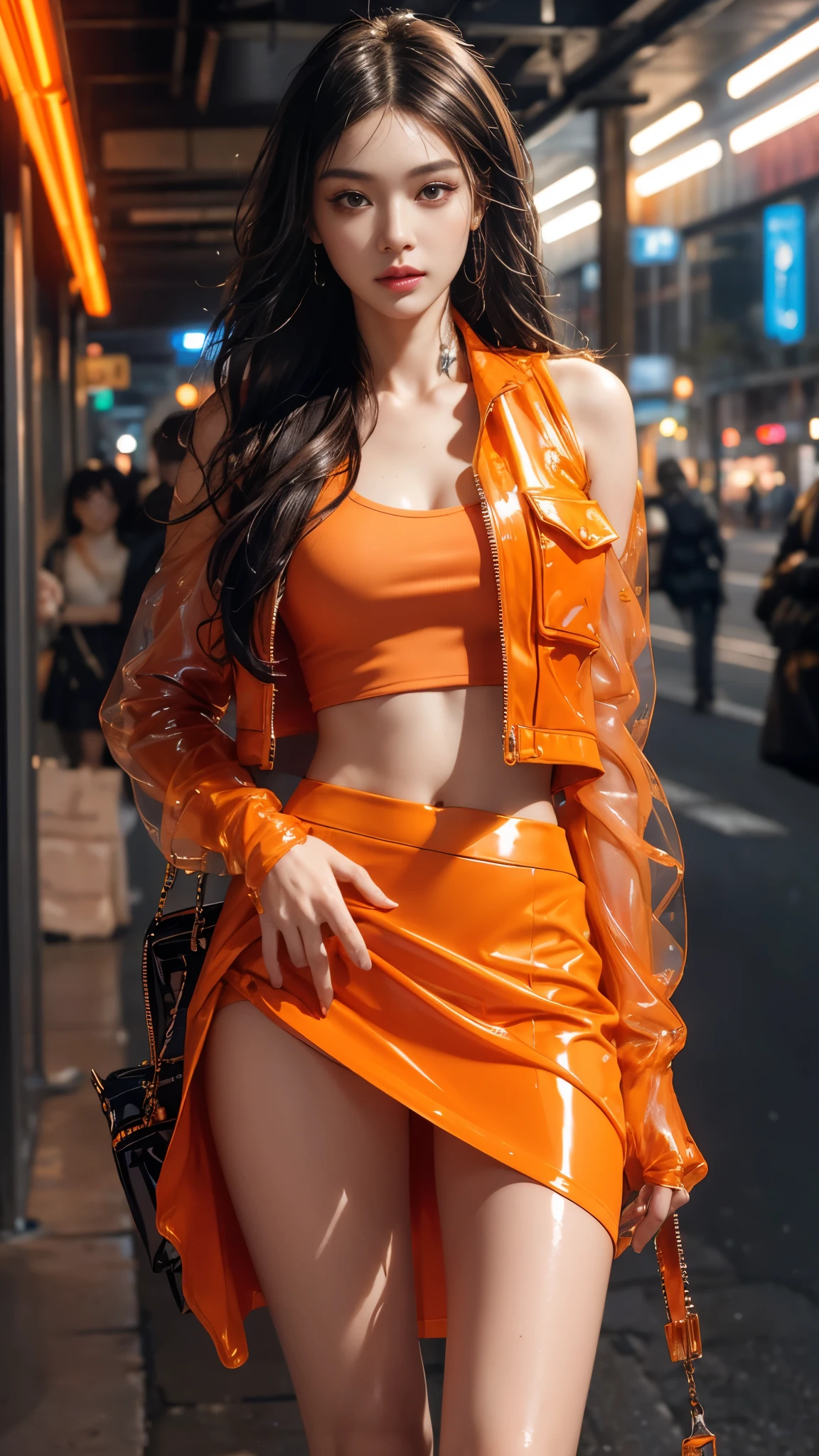 female idol、full body Esbian、shiny orange mini dress、fishnet tights