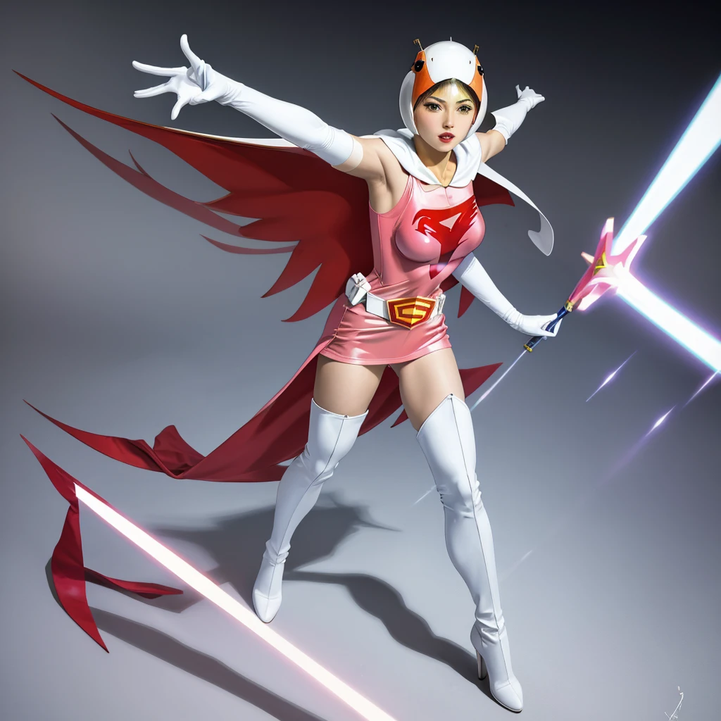 ANI_CLASSIC_jun_gatchaman_ownwaifu,1girl, 15yo,good anatomy, masterpiece, best quality,realistic, hyper realistic, 16k hdr, long hair,breasts,lips,large breasts,lipstick,makeup,gloves,cape,helmet,belt,elbow gloves,white gloves,mask,ultra miniskirt,leotard,spacesuit,white tight overknee highheels boots,pink dress,superhero,bodysuit,cleavage,erected nipples,(kick ass poses),cameltoe