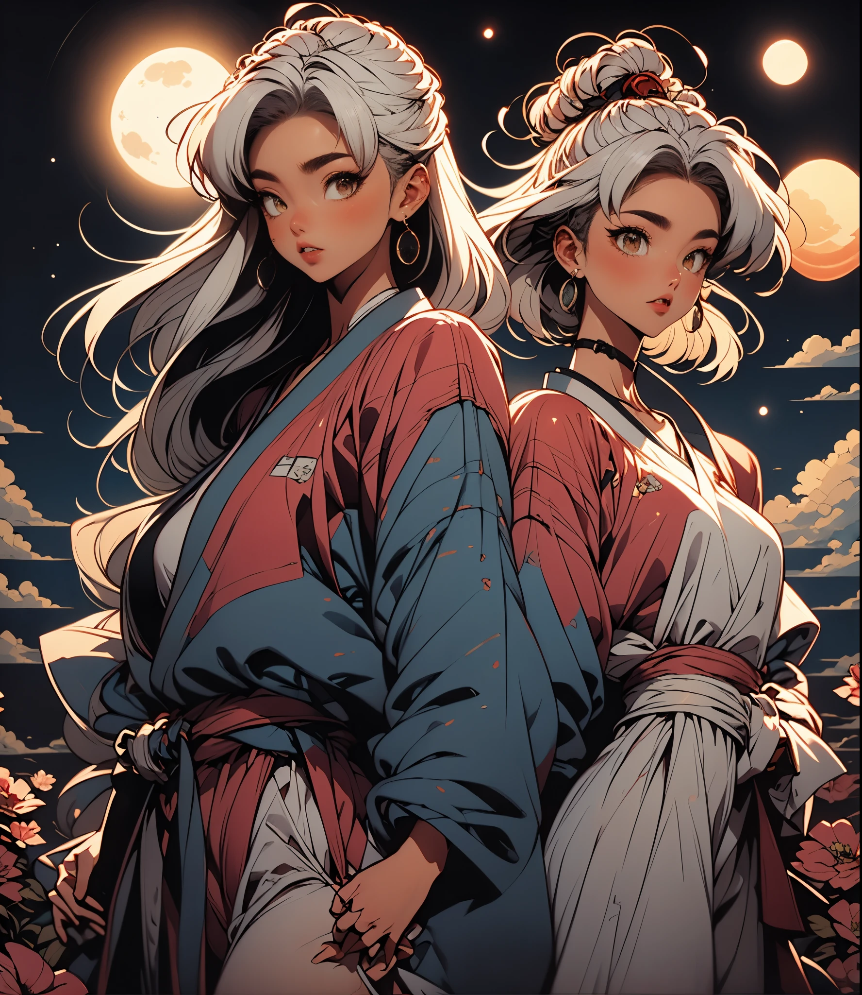 ninja girl, straigh white hair, ninja sword, flowers, años 90, retro. Background: japanese town, moonlight, cerezos