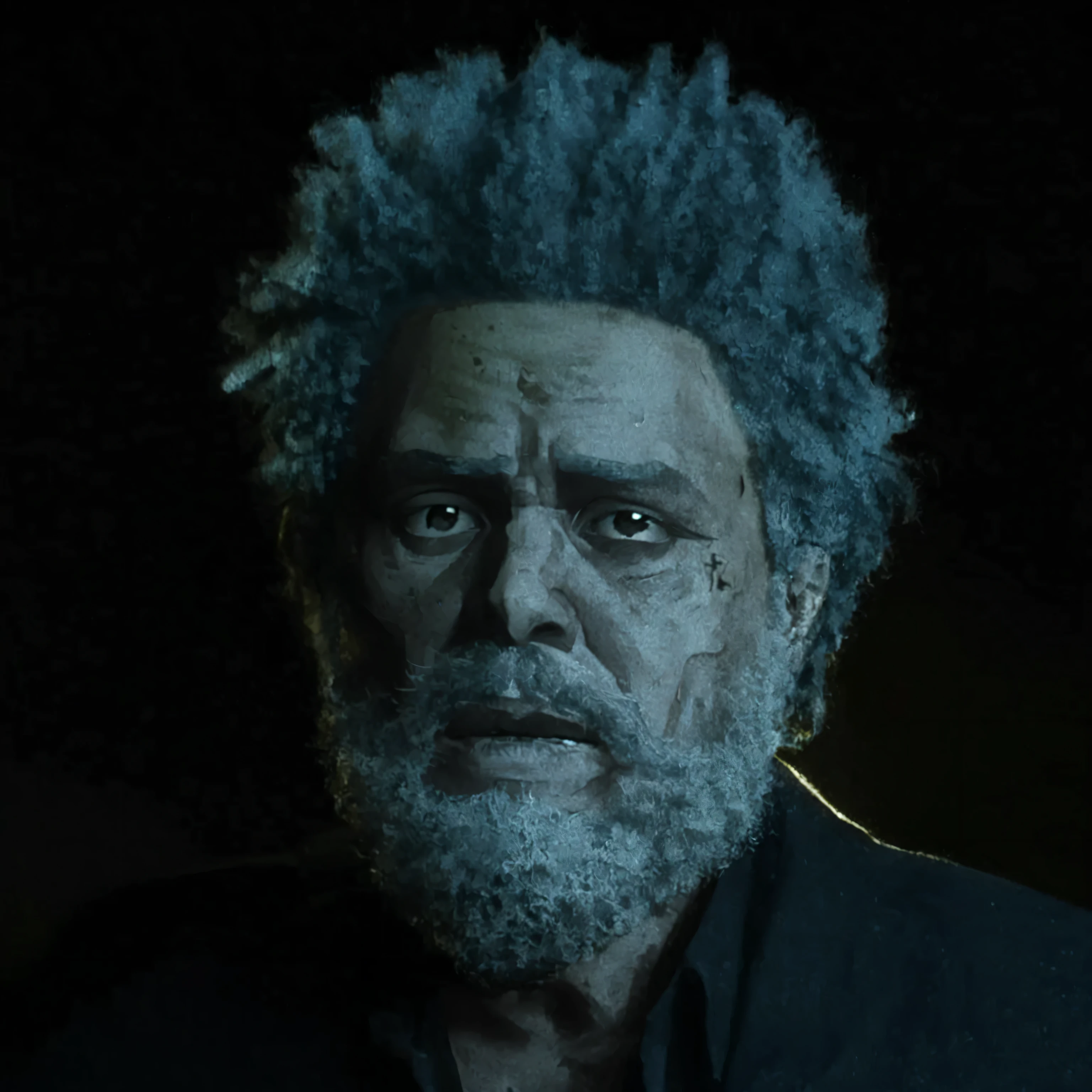 A man with a beard and a black shirt looks at the camera, the scariest looking man alive , Carlos Samuel Araya, zack de la rocha, taken in the early 2020s , and dos Santos , Eraserhead , Wayne - Coyne , Taken from the film, grainy photo of an ugly man , , Jay Leno with gray skin