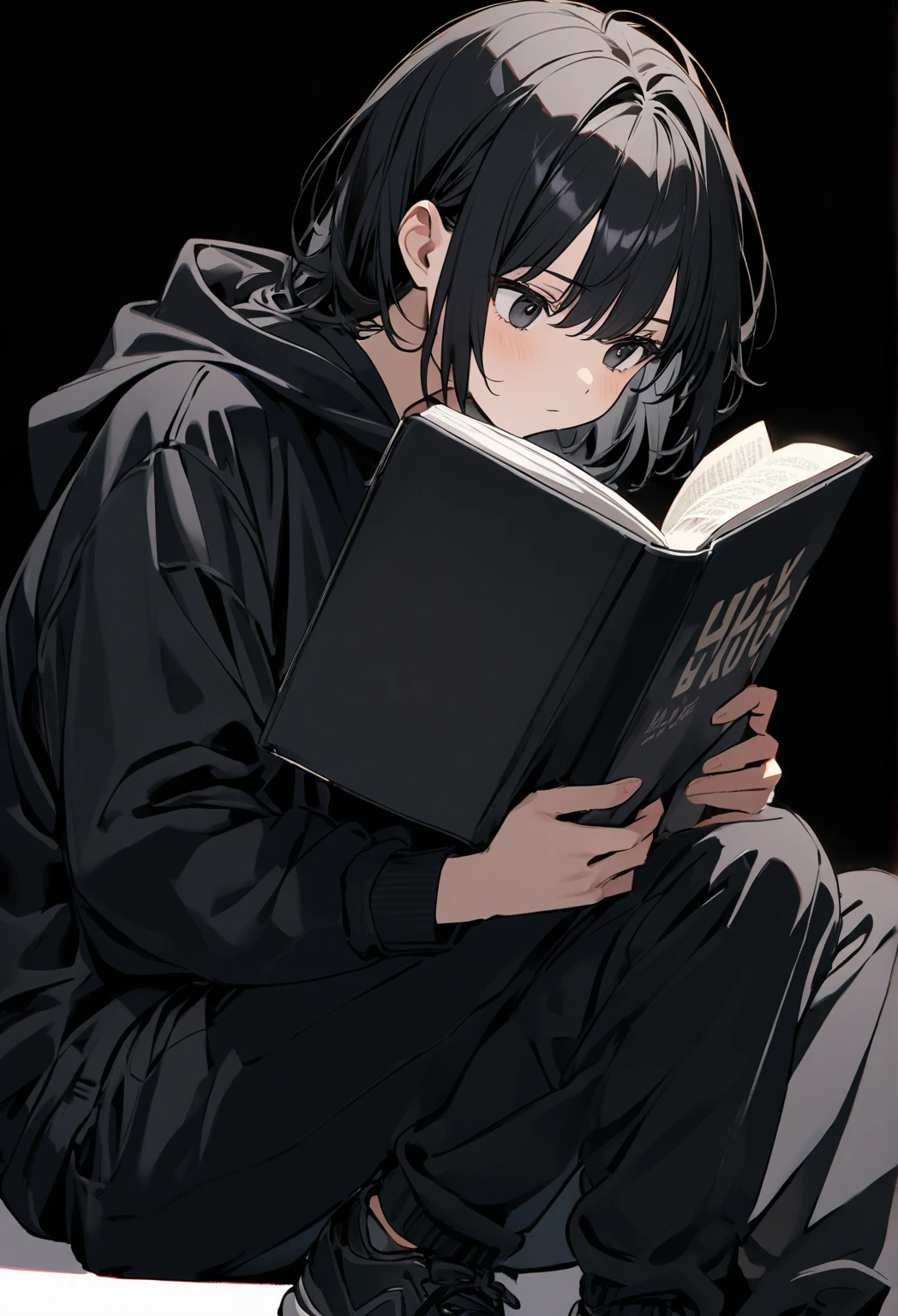A thin young man with an average build and dark skin. His mouth is sewn shut, although his look indicate tranquility. He is sitting on a large rock, reading a book. His hair is black and short. He is wearing a black hoodie and black sweatpants, and wears black prescription glasses. Next to him is a huge sack full of potatoes, a sack that is sealed with a rope and has several bloodstains on it. The background is a peaceful, green hill.