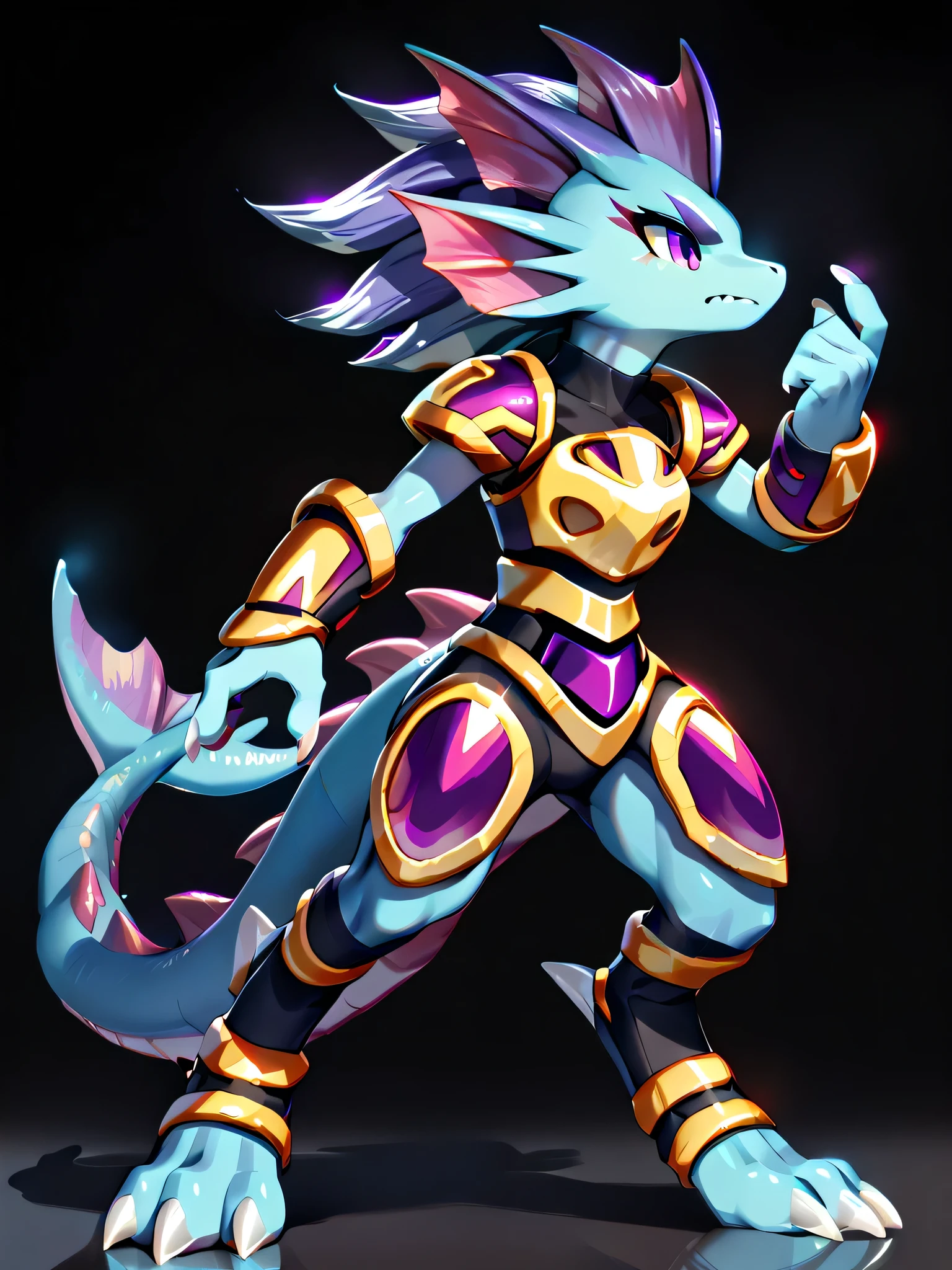 Anime, ((anime style)), athletic build, ((safe for work version:1.5)), solo drawing, solo, ((Solid Black Background)), ((vivid purple eyes)), ((sharp draconic ear spines)), ((sharp head spines)) ((purple fins)), ((tall figure)), ((standing)), ((digitigrade legs)), ((digitigrade feet)), ((highly detailed anime style)), ((black and gold armor)), clean anime style lines, claws, Merga from freedom planet 2, female, blue skin, white claws, short muzzle, ((leg armor)), ((ankle guards)), ((stern expression)), black leggings under armor, light armor, hands at sides