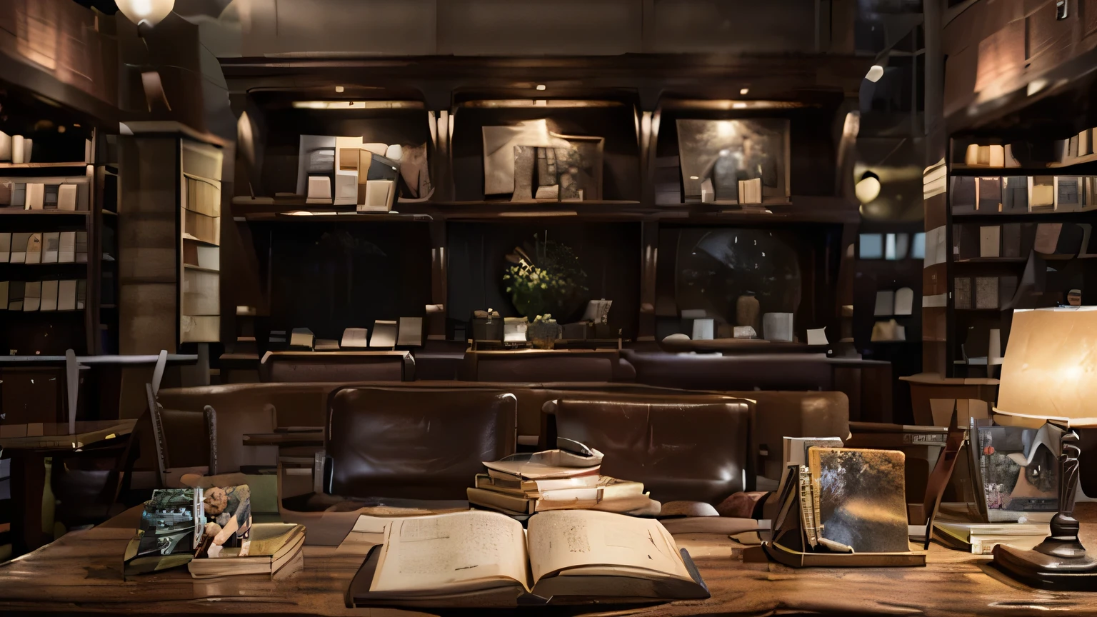  A classic wooden table placed in front of a large bookcase,  seen from the front .  The bookcase is filled with books organized in earthy tones such as brown , longing,  dark blue and green , with small ornaments such as old globes ,  vases with small plants and vintage-style lamps . on the table,  there is a cup of coffee giving off steam next to an open book ,  suggesting an environment of reading and concentration .  A table lamp emits a soft and warm light ,  complementing the cozy lighting of the room .  The scene transmits tranquility ,  ideal for a video background with lo-fi music .