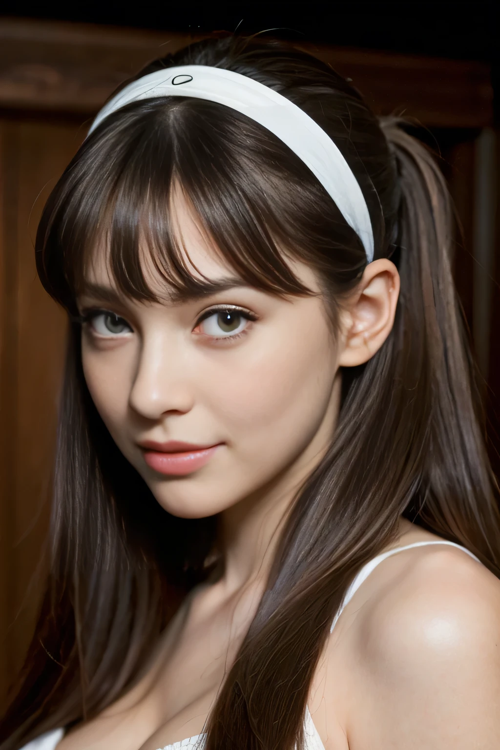 (masterpiece:1.2, Best Quality), (realistic, photorealistic:1.4), (Natural Side Lighting, Cinema Lighting), Make eye contact, 1 girl, Japanese, High school girls, Perfect Face, cute, Symmetrical face, Glowing Skin, headband、(Twin tails:1.5, Light Brown Hair), Hair between the eyes, blue eyes, Big Eyes, Long eyelashes, (:0.8, Thighs), thin, Beautiful detailed hair, Beautifully detailed face, Beautiful fine details, Beautiful clavicle, Beautiful body, Beautiful , Beautiful Thighs, Beautiful legs, Beautiful fingers,  (cute smile, look up, I parted my lips),