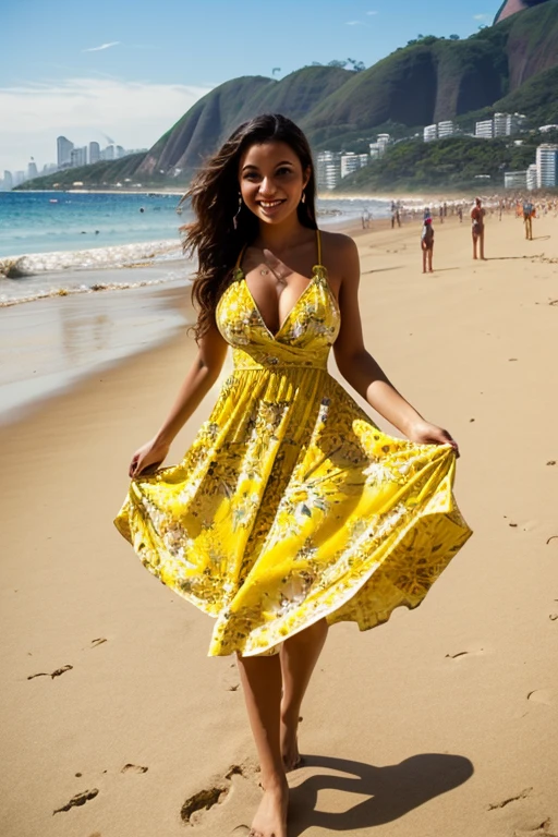 Half-length glamour portrait, nikon D850, f1.6 lens, 200mm, DSLR, 22 Megapixels, (((Rio beach with view on the sea scene))), shot of a stunning 20 years old portuguese girl, (smile:1.4), (wearing Dark orange crochet beach dress:1.6), ((seductive pose)), hot girl, (((big natural breasts))), (((brown ponytail hair))), (small girl), symmetrical face, photorealistic, photography, (bright natural lighting), gorgeous, deep cleavage, (masterpiece), best quality, high resolution, extremely detailed, cinematic lighting, (((very narrow waist))), rich colors, hyper realistic, lifelike texture, ((jewelry)), (((She has beautiful hands and wears rings))), (bracelet), (necklace), (ankle chain), (nail polish) (earrings), Fuji Superia 200, 8k
