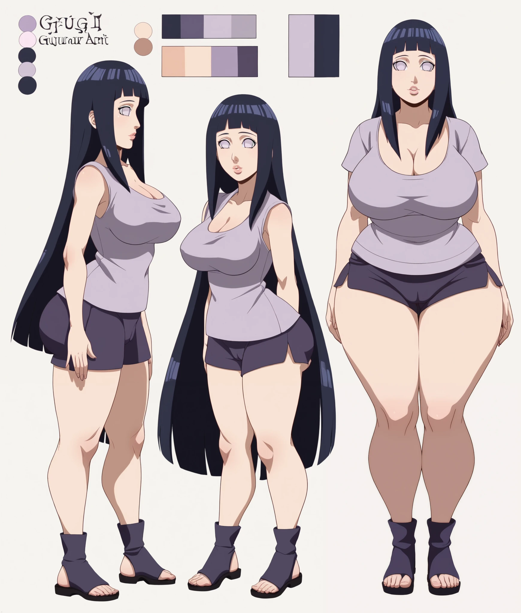 (hinata, hyuuga hinata, purple eyes, blunt bangs, black hair, white eyes, no pupils、ahegao、smile、Ultra-detailed illustrations、Ultra-precise expression、masterpiece、Highest quality、ultra High resolution、High resolution、Hiromitsu Takeda Style、White background、Simple Background、whole body、One girl、solo、White Breath、Sweat、Glowing Skin、shiny skin、Front angle、View your viewers、stand、Completely naked、pubic hair、barefoot、Big Breasts、