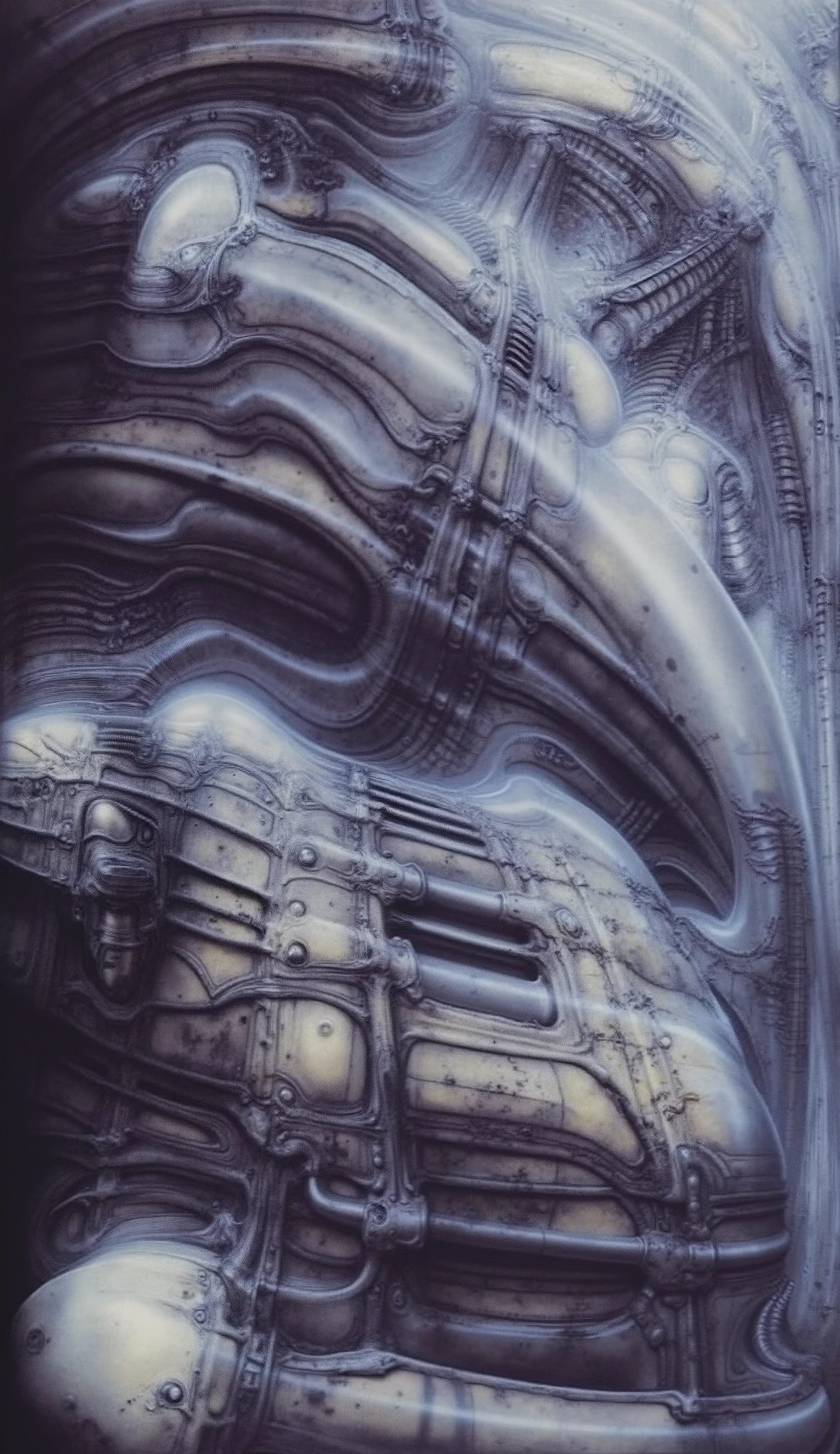 xgiger, The image is a detailed view of H.R. Giger's biomechanical tableau \" LANDSCAPE No 312 \" plate, featuring
a complex, intricate, and detailed design of endless Machine in the transit space over the cascade of fallen water, that appears to be a fusion of organic and mechanical elements, with a focus on the interplay between the two.The piece is a tableau, most likely created with a India ink pen or pencil on paper, determined by the thin lines, shading techniques, and the texture of the paper, which is visible around the edges.
Used is pen, given the shading and variations in line weight visible in the image. Artist have used a variety of stylus with different degrees of hardness to achieve the shading effects.
The use of undersaturated green-grays dark contrasts creates a stark and graphic look. Is used a variety of linework techniques to create different textures. Fine, parallel lines create a smooth, metallic texture,while thicker, more cursive lines suggest cables or wires.
Light source from the top highlights skeletals, pper part of foreground, lower part of image is in shadowupper part of foreground, lower part of image is in shadow.
The art performance showcases the artist’s skills in observation and rendering. The level of detail in the piece suggests a close study of real bone specimens and mechanics. The artist has skillfully used shading techniques to create a convincing illusion of three-dimensionality on a flat surface. The wrinkles and cracks in the surface, and the cast shadows with accuracy, used shading techniques to create a realistic depiction of light and shadow on the objects. This creates a sense of depth and dimension in the image. The artist has used careful linework to depict the contours and textures in the piece
Sharp focus on foreground elements illustration. Deep and delicate DOF. Big painting. Stored in Louvre masterpiece, ooze soaked pajama top