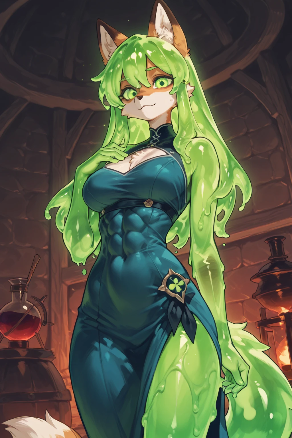 Anthropomorphic Fox, (furry; fox), slime girl, sexy, well toned abs, regal dress, Alchemy laboratory in background, glowing green eyes