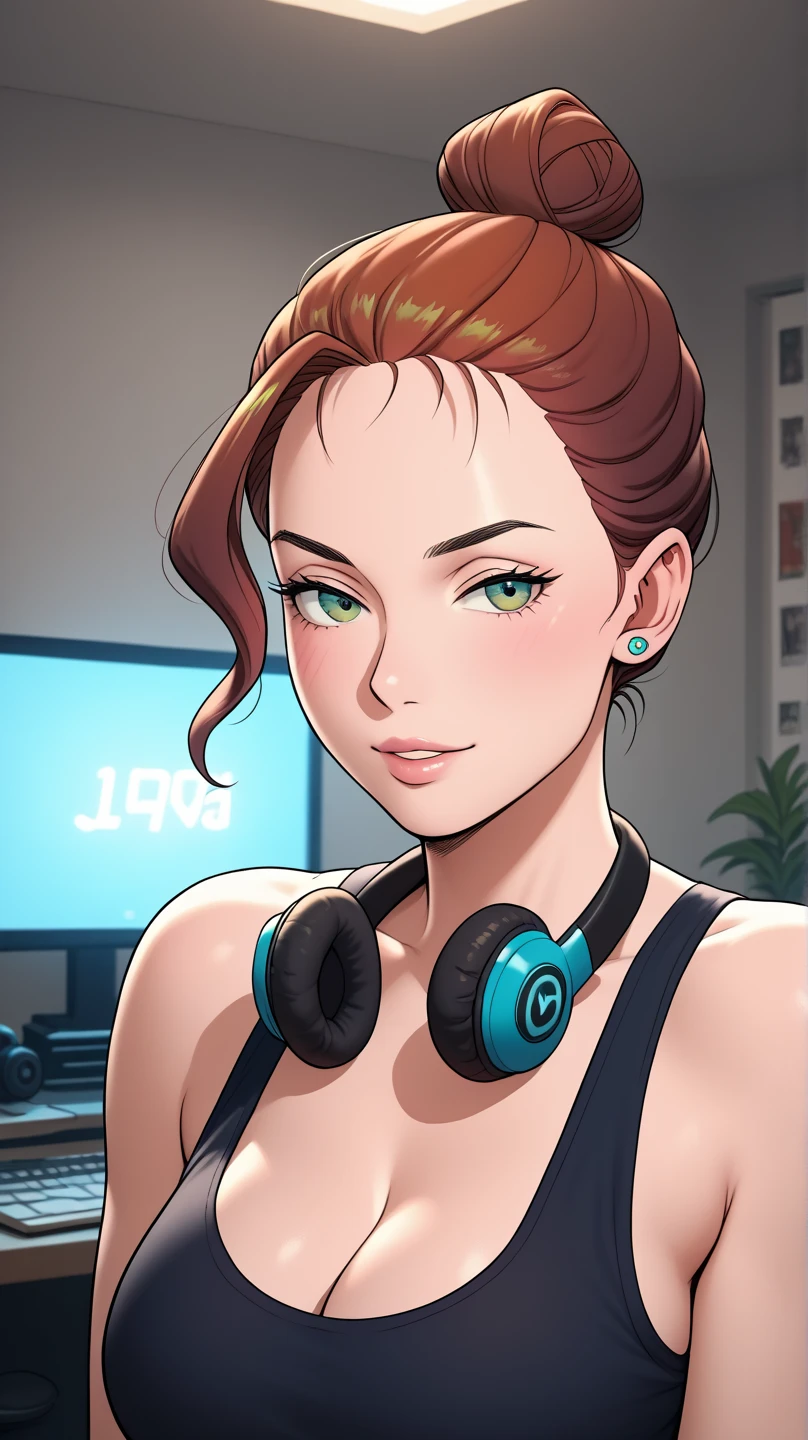 (masterpiece, best quality:1.2), ssbusplashart, english text, solo, 1girl, wii fit trainer, colored skin, white skin, smile, looking at viewer, ponytail, crop top, capri pants a DJ, showcasing her skills on the turntables at a vibrant rave."