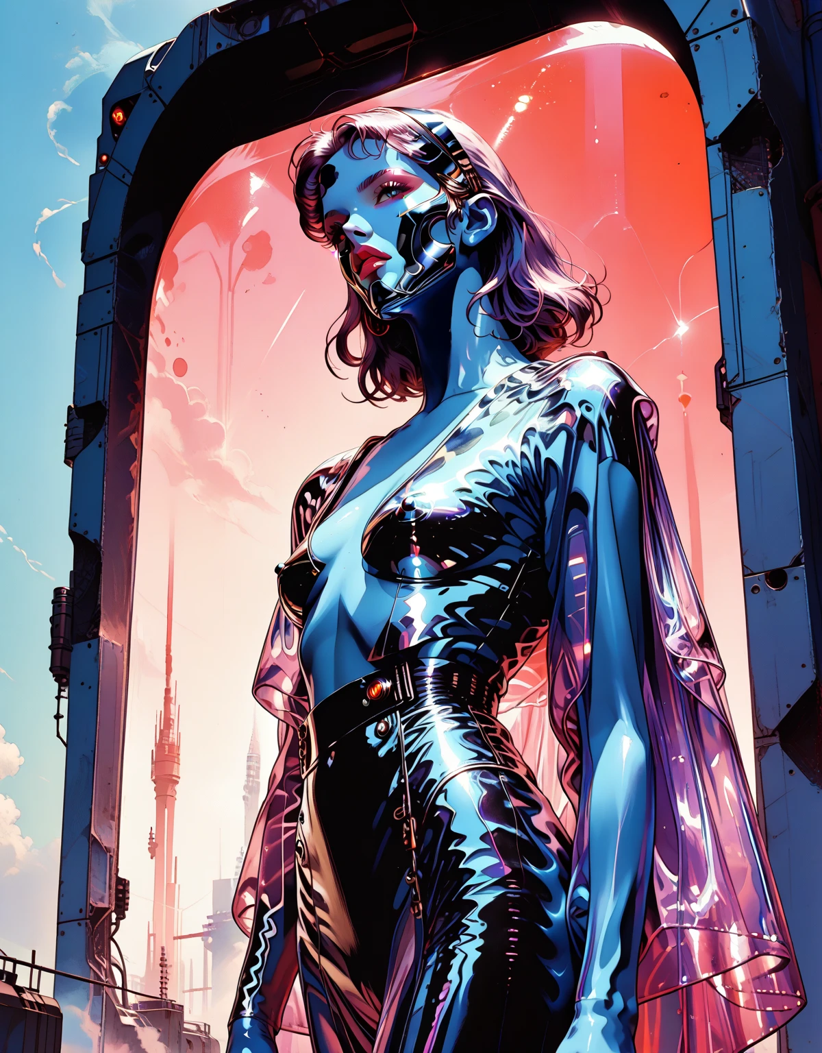 score 9, Score 8+, Score 7+, Score 6+, Uncensored. An ultra-detailed 8k manga-style illustration of a full-body portrait featuring an alluring reinterpretation of Darth Vader from Star Wars. The character is depicted in sleek, laser light clothes, form-fitting liquid metal armor with a mauve, nippleless design that accentuates every curve. The outfit shimmers with a chrome-like finish, featuring translucent elements that cling to her figure, highlighting underboob, midriff, and navel. A flowing, semi-transparent lace cape trails dramatically behind her, adding to the sensual and dynamic aesthetic. The scene captures her sitting confidently on a high-gloss black metallic, syntetic moon, with chrome accents, reflecting light like a mirror. Her jet-black armor acts as a perfect reflective surface, enhancing the dramatic lighting. She is surrounded by multiple robotic soldier, who appear to restrain her, appear form warp gate, adding tension and intrigue to the composition. The background is stark and minimalist, using sharp contrasts to emphasize her form. A palette of deep purples and blacks dominates, creating a moody and mysterious atmosphere that enhances the allure and sophistication of the character.(M-shaped leg opening, Wide Aperture, Low Angle view.)
