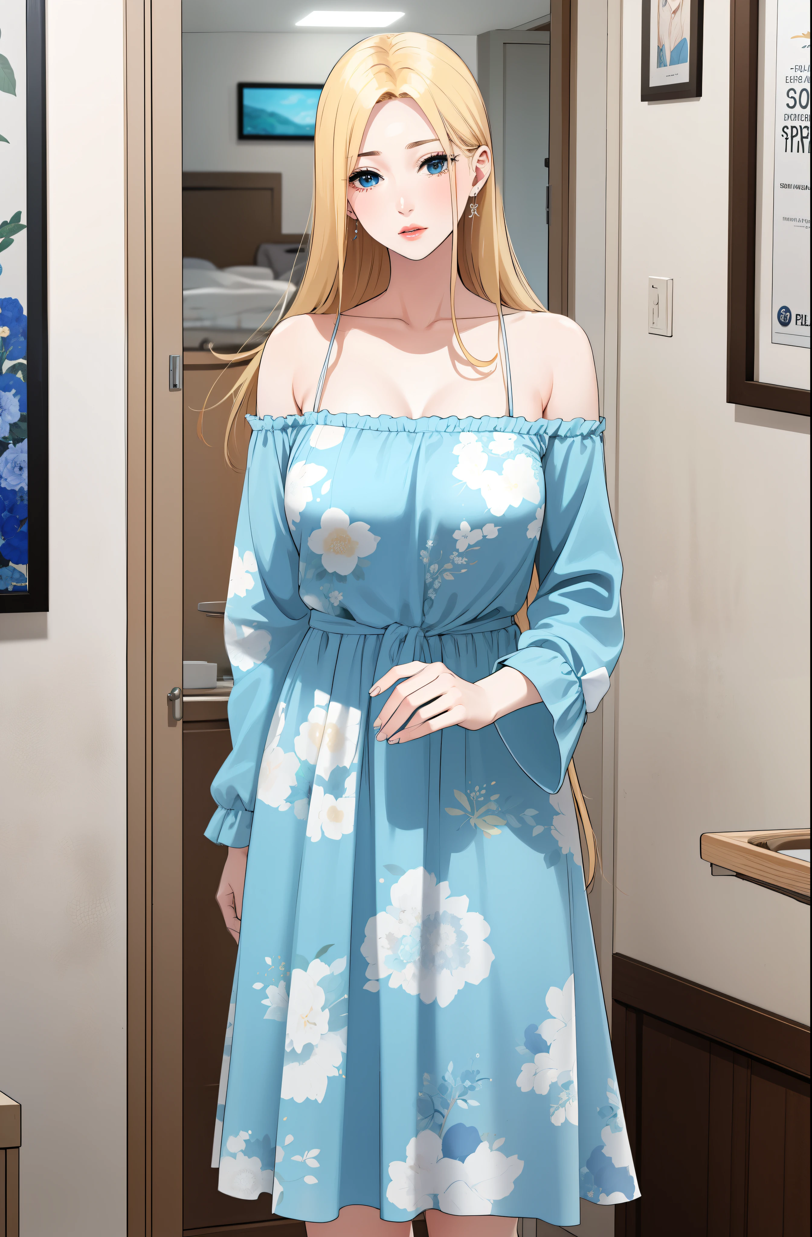 A slim beautiful woman with blonde hair, big blue eyes, and extremely fair white skin. She's wearing a blue floral dress and a front open sweater in an off shoulder style.