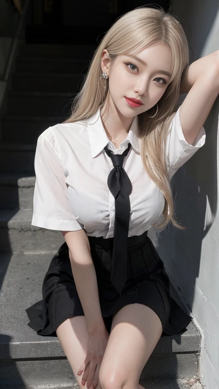 best quality、16K High Resolution、Very detailed、masterpiece、Live shooting、Practical:1.4、Surrealism:1.4、Clear focus、Very delicate and beautiful、detail、1 female、(European:1.2)、(Blonde)、(Spread your legs:1.3)、(no panties:1.3)、 (Sitting at the table)、(Super beautiful)、(Pretty Face:1.5)、(Ponytail, )、(Delicate face)、(Beautiful eyes)、Perfect round eyes、(Delicate lips)、Lipstick、(Eyeliner)、mascara、Eyeshadow、White shirt、tie、In the NSFW realm