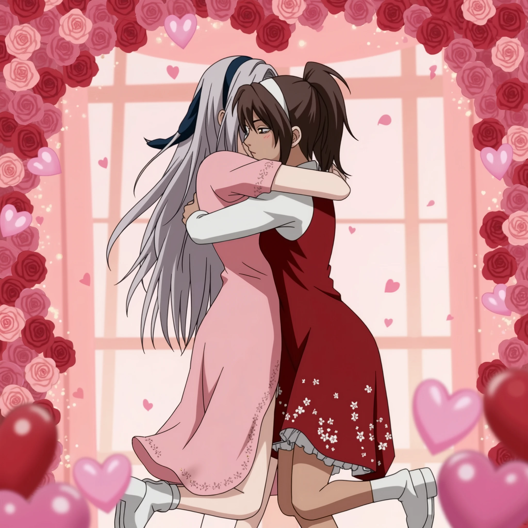 (((Two females hugging))):
{(long, disheveled, silver-gray hair reaching waist, right eye black and serene, left eye covered by dark navy blue headband, light fair white complexion, cute pink dress with frills and lace, white ankle boots, athletic and strong build, yet delicate and feminine, skinny waist, tall, wrapping arms around other girl's shoulders, affectionate expression)},
{(medium length dark brown hair in a ponytail, black eyes with gentle and caring look, light slightly tanned complexion, crimson red dress with white floral patterns, white cardigan, slightly curvier build, shorter than first girl, skinny waist, resting head on other girl's chest, affectionate expression)},
{(Valentine's Day-themed setting, pink and red heart-shaped balloons, heart-shaped arch covered in roses, soft glowing fairy lights, romantic festive warm tender atmosphere)},
masterpiece, newest, absurdres,highly detailed, best quality, 8k, masterpiece, flawless,(((3.0 away from viewer))),colored skin, fusion, facing the viewer,
