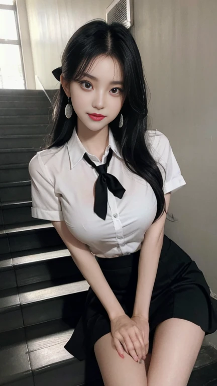 cowboy shot, 20-year-old, korean girl, strikingly beautiful, black hair, big breasts, delicate facial features, red lips, expressive eyes, brightly smile, eyes hook the soul seduces you, sitting on the sofa, in the shavy and dark karaoke, neon, silver crown, collared white shirt, the pink bow tie, pink pencil skirt, ((awe and joy expression)), (open mouth and tongue out),