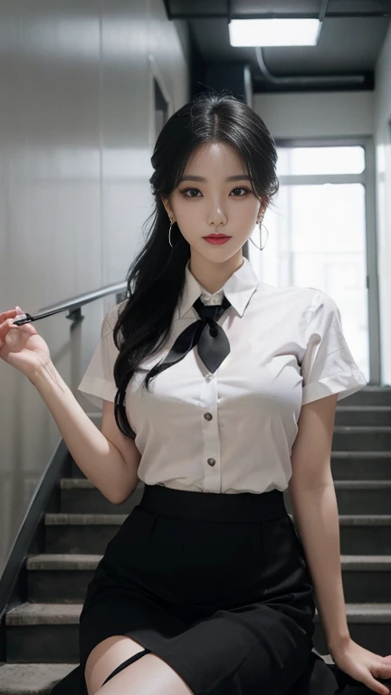 gray eyes, korean , summer black fit shirt, ribbon tie, fit classic skirt, bright blonde, school stairs, going down school stairs, Pose that sticks out the , Pose showing off your , 8k RAW photo, High resolution, cool korean, very big round , showing her , Beautiful eyes in detail, long eyelashes, beautiful double eyelids, eye shadow, eyeliner, narrow eyes, elongated eye shape, Three white eyes, evil smile, evil look, very slender and beautiful legs, Beautiful very thin thighs, random medium hair, hair tied at the back of the head, earrings,