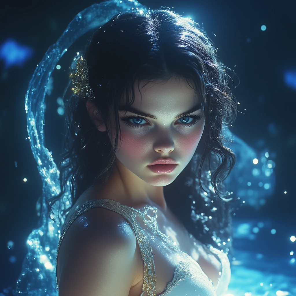 anthropomorphic fem incredible creature from the Mariana Trench, ultramarine hair and gold eyes, ultra realistic, photography hyper realistic and hyper detailed, hyper emotional, epic underwater lighting, 32k UHD resolution, style expressive, epic background, nature, full shot, symmetrical, Greg Rutkowski, Charlie Bowater, Beeple, Unreal 5, hyperrealistic, dynamic lighting, fantasy art
