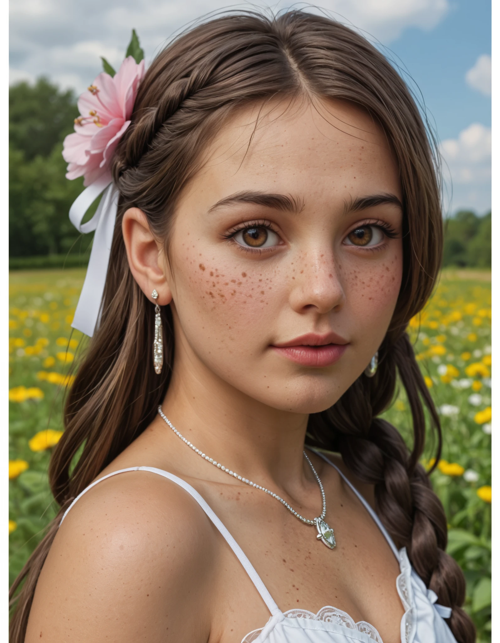 Ultra Realistic Art (Stable_Yogi_ pdf file_ positive for home,Stable-Yogi-Makeup-Enhancer-XL, score_9, score_8, score_7)
1 girl, Alone, chest, jewelry, brown eyes, viewers, Outdoors, freckles, earrings, long hair, day, null, flower, cloud, dress, hair ribbon, ribbon, small chest, upper body, lips 1 girl, blushes, stick out your tongue, poster/magazine illustration effect, Trim Marks, Macro photography, braids, dawn,seat