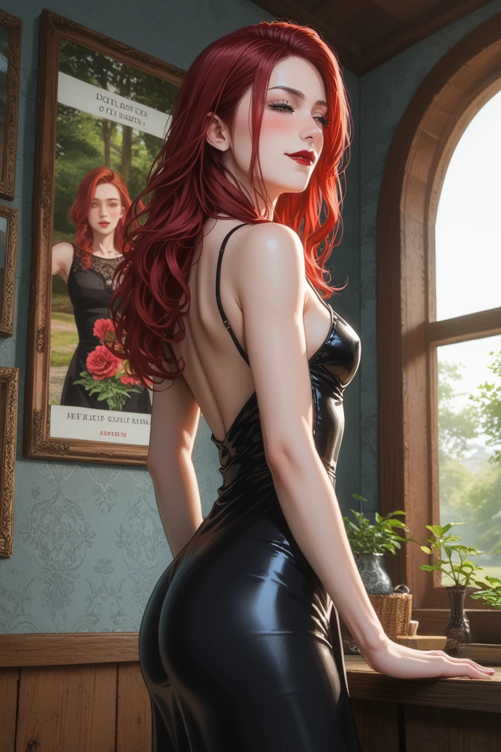In the heart of a dimly lit, mysterious room, a seductive semi-nude woman is depicted. Her medium-sized, round breasts and curvaceous derrière are accentuated by her fitting black outfit. The outfit, a delicate blend of lace and satin, clings to her figure, revealing just enough to tantalize the imagination. The red blonde hair cascades down her back in soft waves, adding a striking contrast to the darkness of the room. A hint of her freckled skin is visible, adding a touch of vulnerability to her alluring appearance. A Dutch angle adds an element of intrigue to the scene, making it a captivating piece of art.