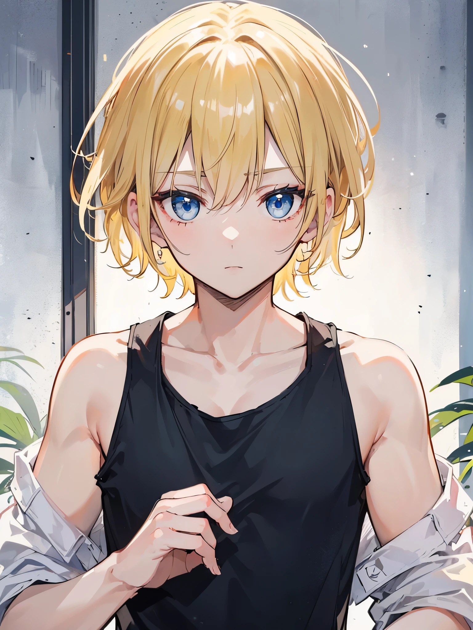 Highres, Masterpiece, Best quality at best,Best Quality,hight quality, hight detailed, Anime style, 2boy, ager, cuddle, pretty face, Shota, young boy, t, 15-years-old, handsome, gay, yaoi, Tank top, (Showing armpit:1.3), (very young boy), (very small and short body), simple beckground, cute boy, Uhd, bokeh, sweat