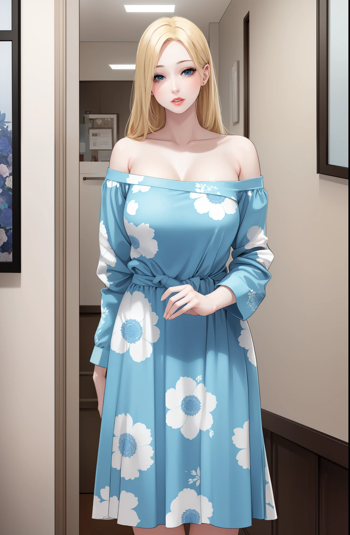A slim beautiful woman with blonde hair, big blue eyes, and extremely fair white skin. She's wearing a blue floral dress and an open-front sweater in an off-shoulder style. Clear lips, perfect eyes, perfect eyelashes, perfect hands, perfect hair strands, perfect dress.