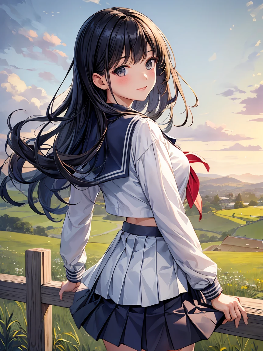 very cute and beautiful girl,(highly detailed beautiful face and eyes:1.2),smile, (sailor school uniform),(navy blue pleated mini skirt:1.15), (looking back,from behind),leaning forward,from below,white panties, countryside,wooden fence,hilltop,grassland, black hair,(best quality,masterpiece:1.2),intricate details,extremely detailed,8k resolution,solo,natural lighting, hair fluttering in the wind,beautiful detailed sky,