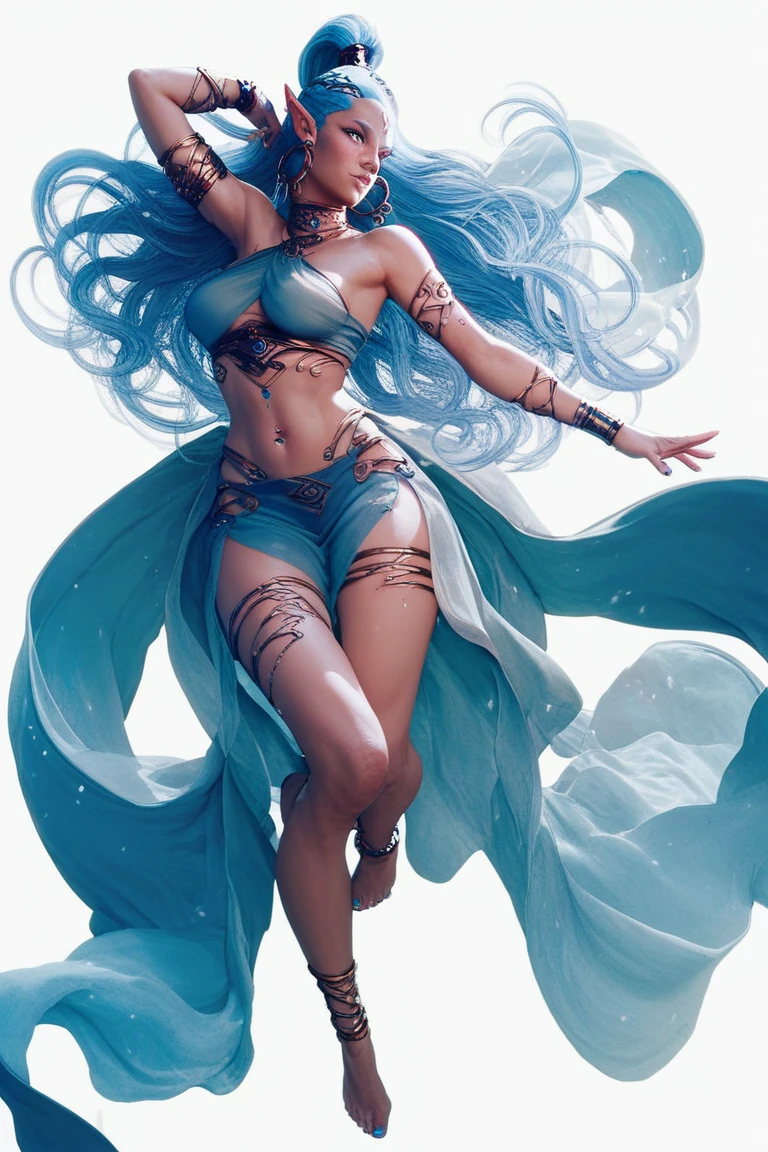 long blue hair, blue skinned woman，tattoo，barefoot，Bikini，blue flame