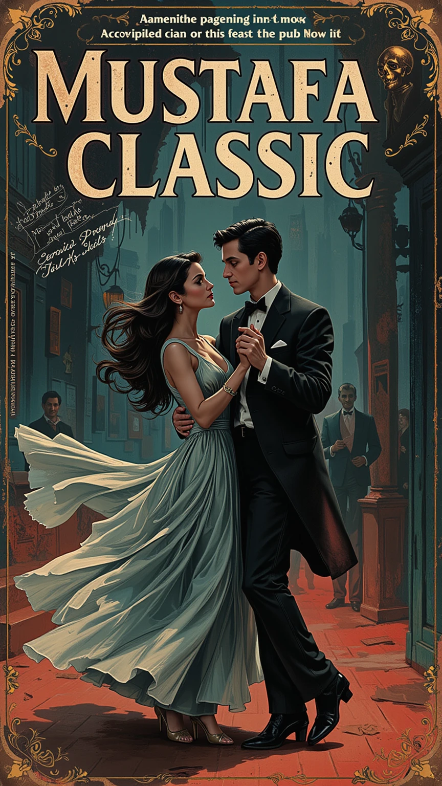 A grainy cover for the book titled "Mustafa Classic", featuring Filmotype Quarry fonts. The illustration showcases a dark-haired woman in an elegant dress and a handsome gentleman, gracefully dancing Bachata. This captivating portrait, reminiscent of Robert Peak’s style, evokes the essence of the new objectivity movement.
Set against the backdrop of a 1950s thriller, the design captures the dark allure of a vintage paperback cover, blending elements of pulp sci-fi book art. Influenced by the works of Glen Orbik, this piece reflects the eerie charm typical of '50s pulp illustrations. The composition invites viewers to zoom out, revealing a broader narrative woven into the cover’s atmospheric design.