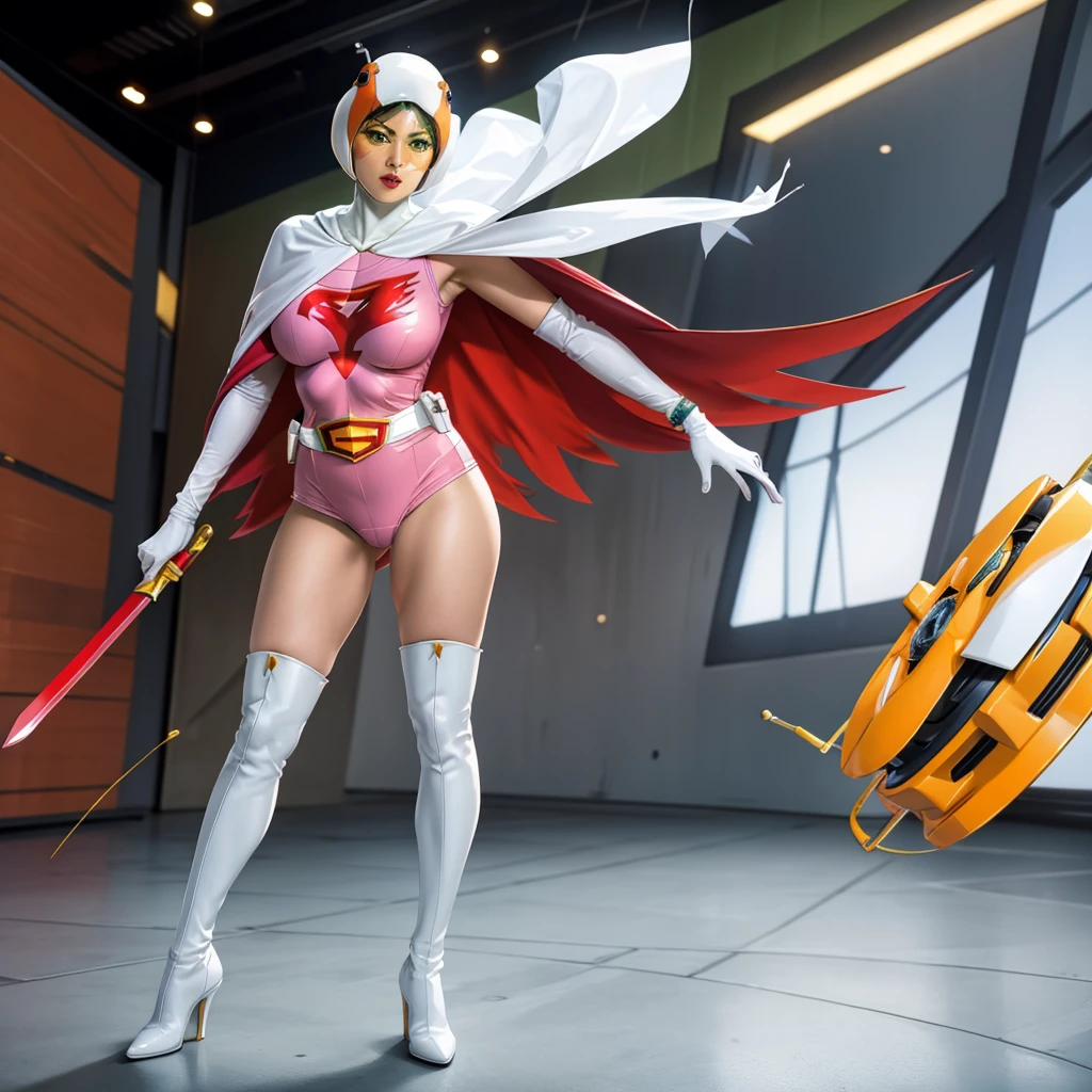 A girl in Gatchaman costume, long boots, long gloves, kicking enemies, detailed face, H3JTS, best quality, 4k, 8k, highres, masterpiece:1.2, ultra-detailed, realistic, photorealistic, photo-realistic:1.37, HDR, UHD, studio lighting, ultra-fine painting, sharp focus, physically-based rendering, extreme detail description, professional, vivid colors, bokeh, concept art