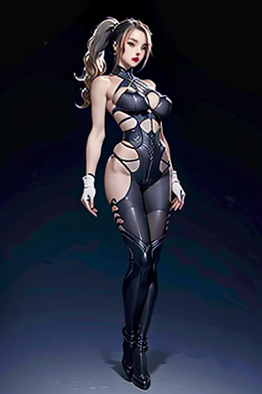 ((masterpiece)), (((highest quality))), ((detailed character design sheet)), thin thighs, (slender body:1.5), long legs, young woman, orange latex prison leotard, high-heel sandals, large breasts, cleavage:2.5, ((blonde)) hair in high ponytail, butt exposure:2, ((simple steel collar with ring in front)), ((simple steel bracelets)), ((simple steel ankle cuffs)), zippers and straps