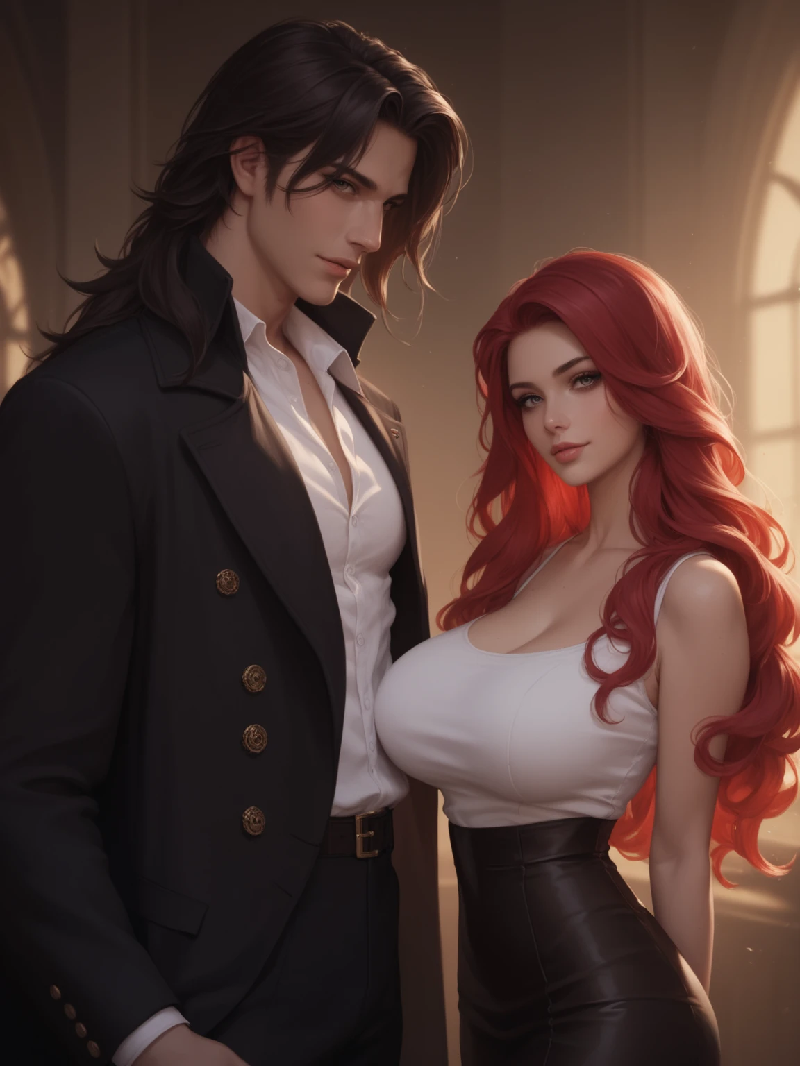 Woman with long red hair, blue eyes, red lipstick, hugging and kissing. Man with short red hair and blue eyes, shaved beard, wearing sunglasses. Posing in the night scene, his face is so perfect. The details are clear. Up to 8K resolution, perfect details perfect face