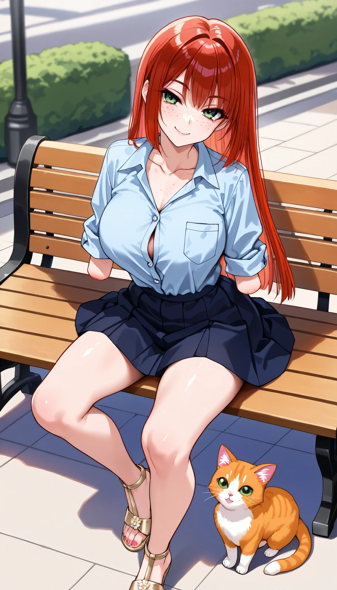 Source_anime, Anime style, ((high quality:1.2)), 8k, extremely detailed, ((High detail:1.2)), a irish red-haired female with 24 years old, (medium round breasts), (sexy hourglass hot body), (micro-skirt), ((open M legs)),