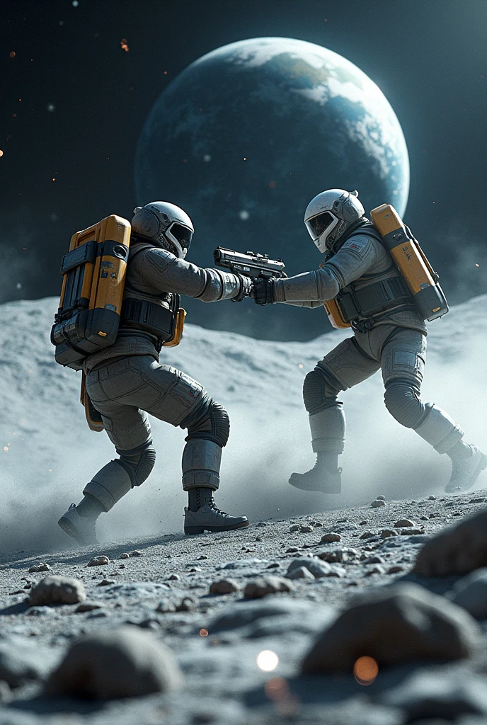 2 girls in mech suit playing footbal in the moon surface, smacking stance, 1holding ball, interstellar background, light trail surrounded, epic realism, unreal engine, best wallpaper quality, 8k, super detailed, vivid color, dramatic light