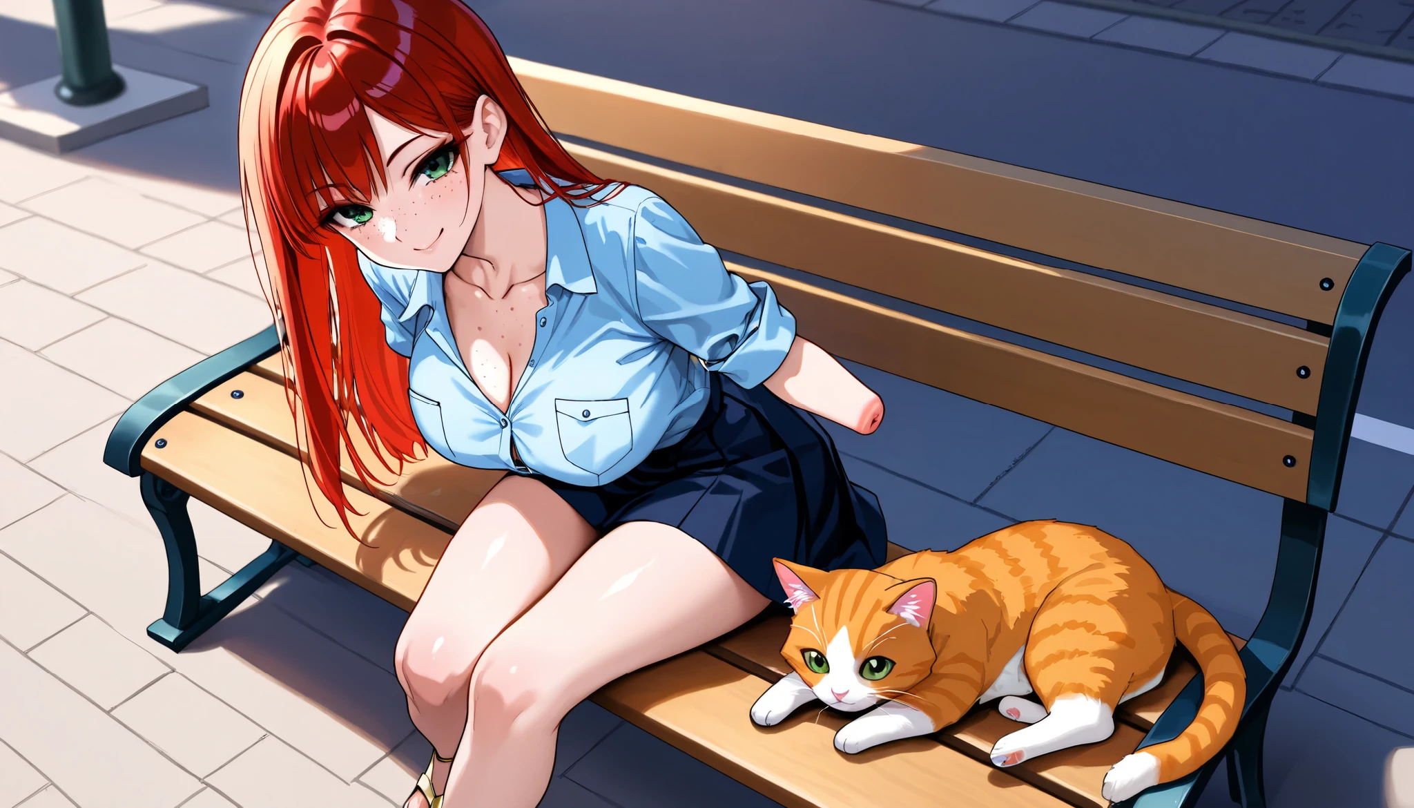 beautiful amputee girl dressed in blue shirt with rolled sleeves and skirt sitting on bench on the shiny street, girl, cute, sassy, smile, green eyes, (freckles), ((long straight red hair)), ((light blue button down shirt)), (rolled up sleeves), ((amputee)), ((missing forearms)), (((arm stumps))), ((collarbone)), big breasts, (chest pocket), ((legs)), light sandals, looking at viewer, shiny street, bench, ginger cat, detailed