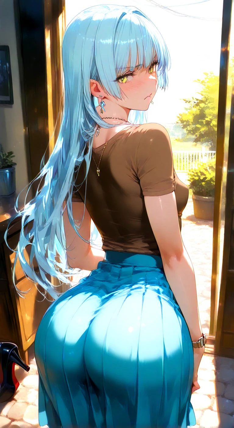 Anime girl, long hair, blue hair, white sweater dress, black leggings, skinny, from behind, looking back, showing ass, bent over, sexy, in a house, large ass, head turned, looking at viewer, seductive
