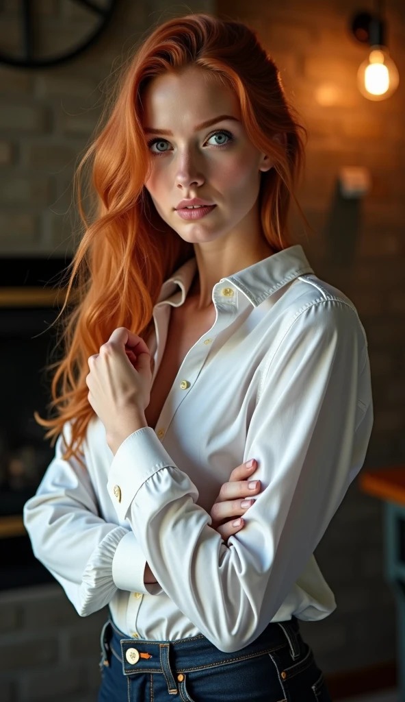 SFW, a portrait of a pole, long hair, freckles, only white button-down shirt open, amazing body, full body, pronounced feminine trait, kitchen, (redhead: 0.4), hyper-detailed, hyper-realism, ((best quality)), ((masterpiece)), (detailed), (no panties), cross-legged, (open shirt), (no pants), sensual, 8k uhd, Nikon 70d, ISO200, F/2.8, 1/25sec, 70mm