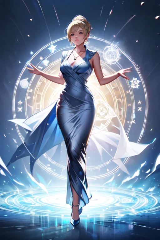 award winning 64k concept art of (black 1girl:1.2) in light blue majestic open dress standing bravely, turned head to the side, posing, epic, god rays, centered, upper body, (masterpiece:1.2), (best quality:1.2), Amazing, highly detailed, beautiful, finely detailed, warm soft color grading, Depth of field, extremely detailed 64k, fine art, stunning, iridescent, shiny, (light reflections:1.2), (crisp:1.5), silver curls, storm, vibrant, sunlit, (edge detection:1.2), absurdres, impressive, 120mm, outlining, wide thighs, mirrors, luminous, mirrors in the background, glitter