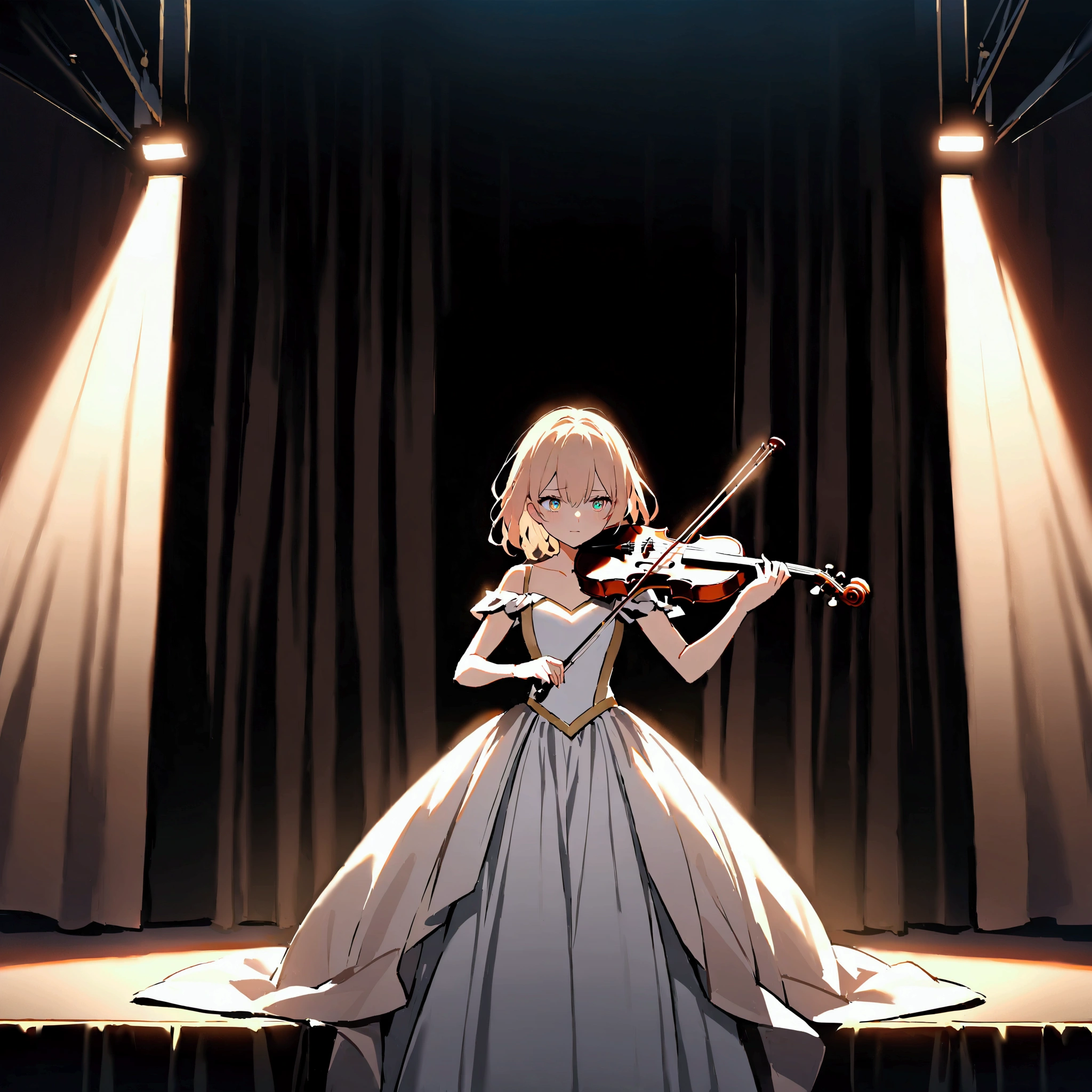 A young girl in an elegant recital dress stands backstage at a violin recital, clutching her violin and bow with a nervous yet determined expression. She peers through the curtain at the brightly lit stage, where another performer is finishing their piece. The warm glow of the stage lights casts a soft illumination on her face, highlighting the mix of anxiety and anticipation in her eyes. The background captures the quiet tension of the backstage area, with faint glimpses of the audience and the grand concert hall beyond. The atmosphere is filled with a sense of reflection and preparation, as she recalls the countless hours of practice leading up to this moment