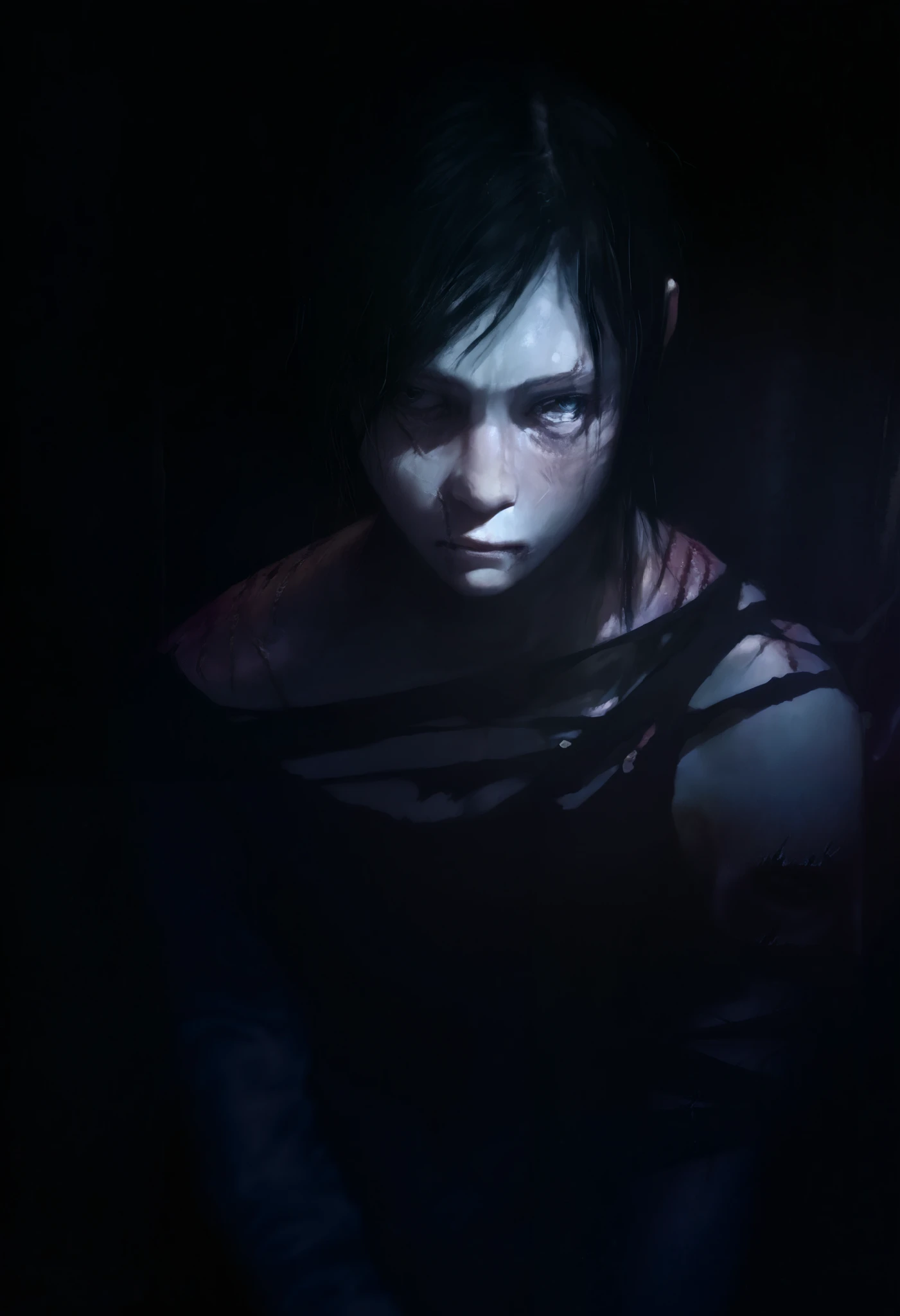 a young man, pale skin, dry and cracked lips, thin, tall, hunched over, scars all over his body, slave, tattered clothes, detailed face, beautiful eyes, photorealistic, highly detailed, cinematic lighting, dramatic shadows, muted color palette, weathered texture, gritty, dystopian, post-apocalyptic, masterpiece