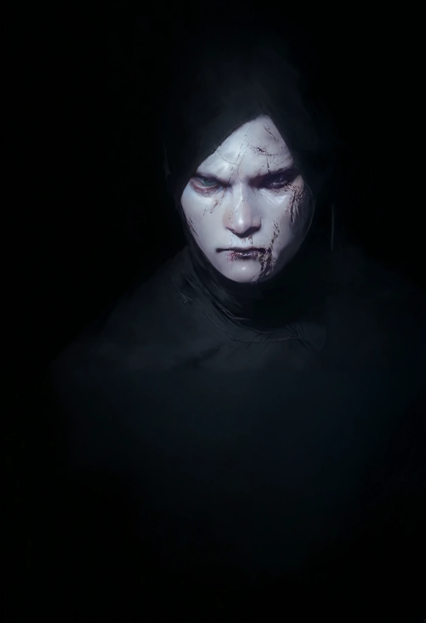 realistic high quality portrait of a young man, white skin, dry and cracked lips, thin and tall body, hunched over, scars all over body, slave, tattered clothes, cinematic lighting, dramatic contrast, moody atmosphere, masterpiece, 8k, hyper detailed, photorealistic, intricate details, sharp focus