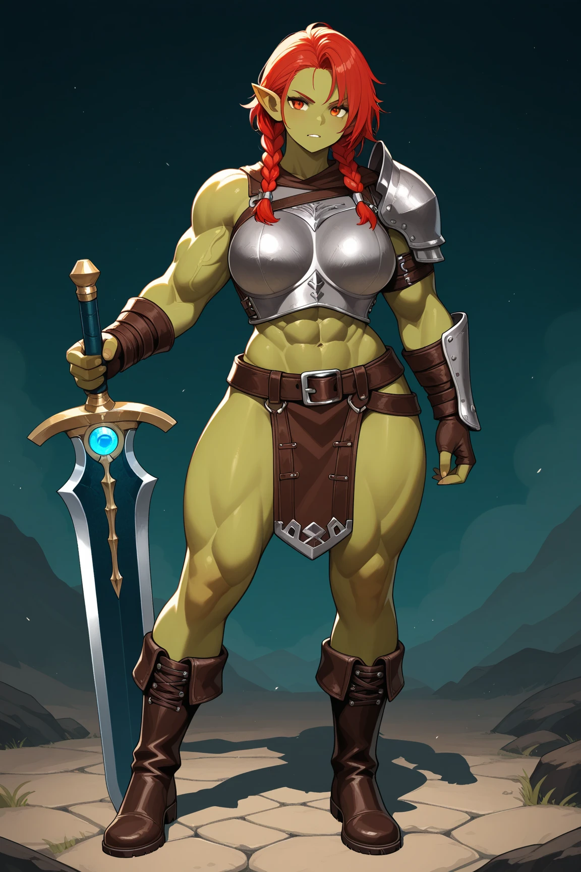 Alone orc, Female orc, fantasy race, large breasts, iron bikini armor, barbarian woman, green skin, red hair, muscular woman, slingshot bikini armor