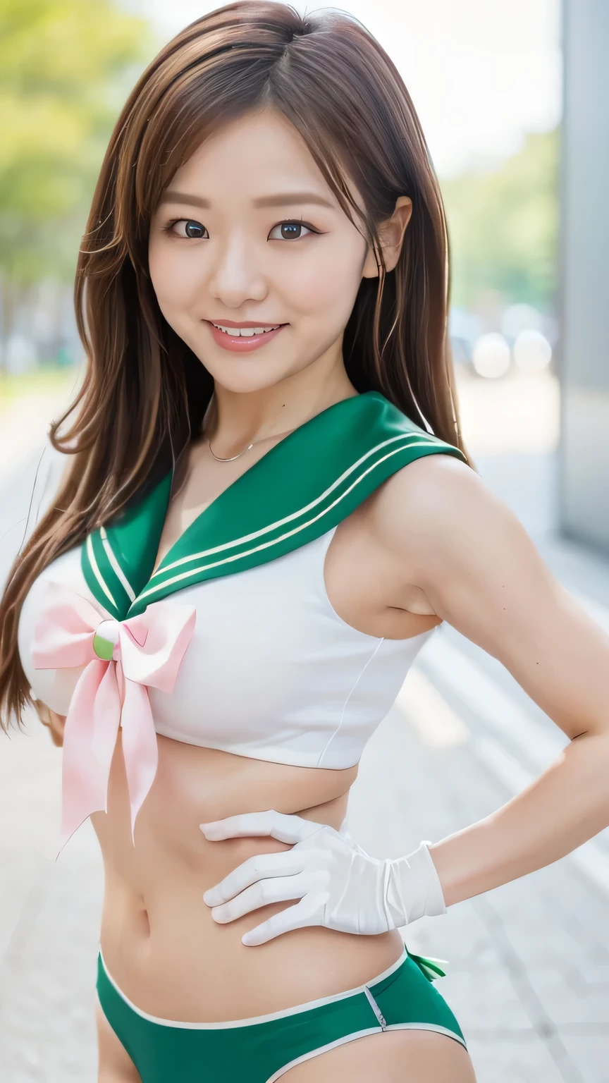highest quality、8k、 Masterpiece、 ultra high resolution、Clear Photo、 Professional Lights 、 natural light、 By Mr. Nomi、 perfect anatomy、 one woman、:1.8、 BIG BREAST、 Saggy Breasts :1.4、 beautiful hair、 ponytail、smile、 muscles:1.3、((sailor moon lingerie))、( Sailor Jupiter、Green Sailor Suit、 sleeveless、 pink ribbon: 1.2、 white gloves、 green panties )、 stand and pose