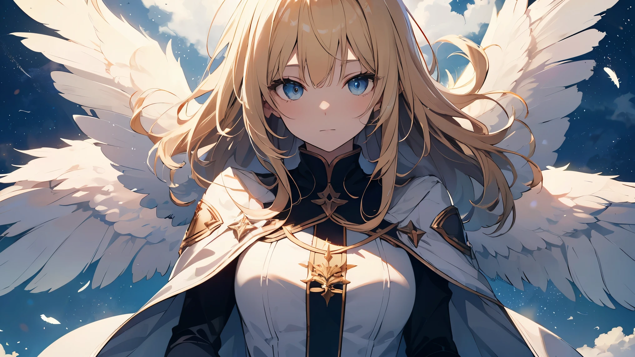 gorgeous adult woman, blonde hair, bangs, perfect eyes, soft light, high quality, 4k resolution, ((angel)), An angel with wings on his back, an angel descending from the sky, feathers scattered in the background, light shining from above, at Cathedral