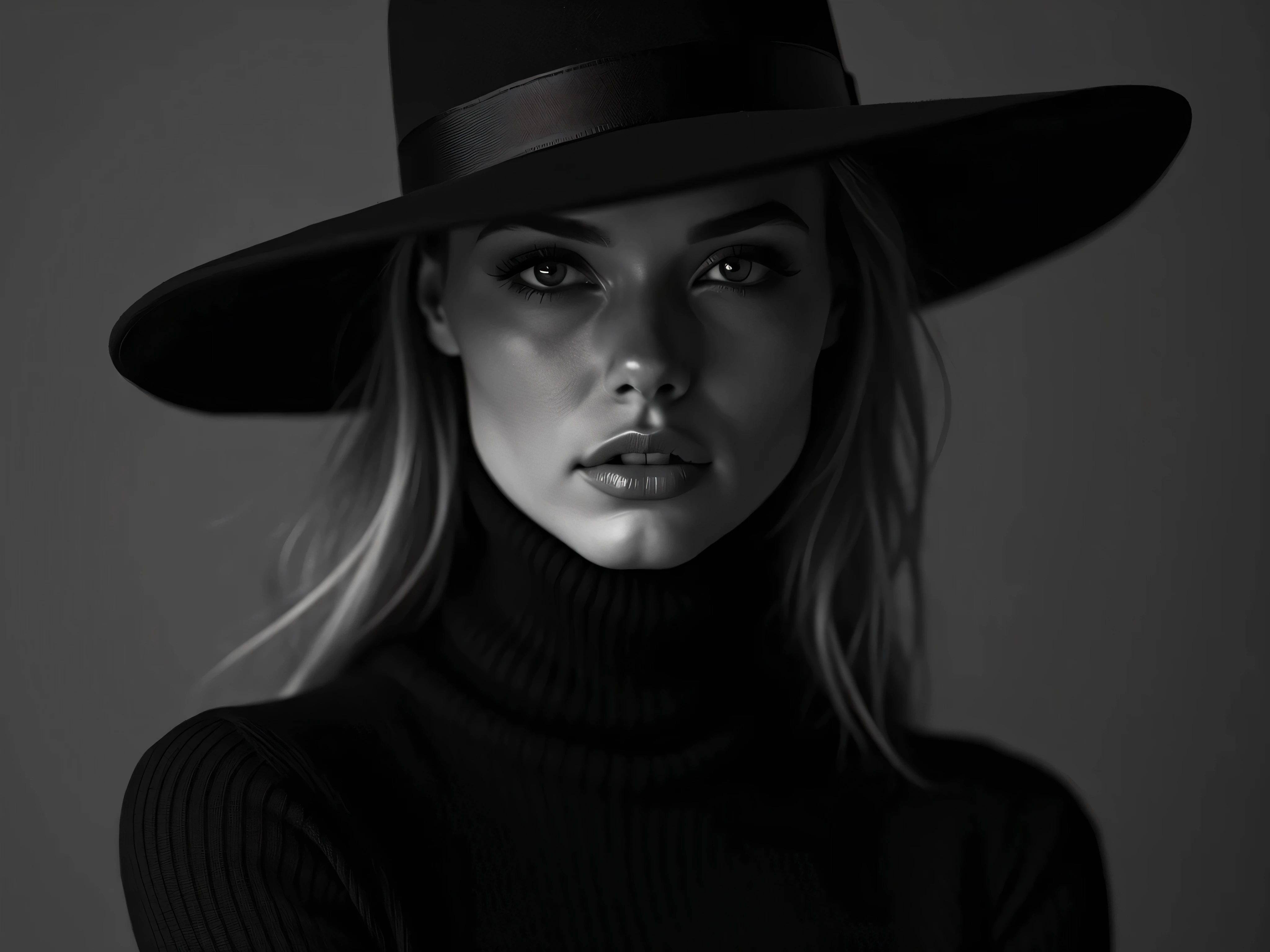 Black and white portrait of a model wearing a black turtleneck sweater, with a hat covering their face.