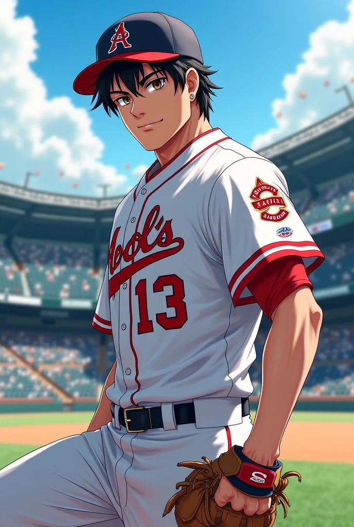 (masterpiece, best quality ), 1man, muscular, short hair, brown eyes, intricate, baseball field , full body, white baseball uniform, open red jacket, vivid colors,(depth of field:1.4),(abs), holding a basebat, dynamic pose, dappled sunlight,A baseball player is drinking from a plastic water bottle on the sidelines of a baseball field.