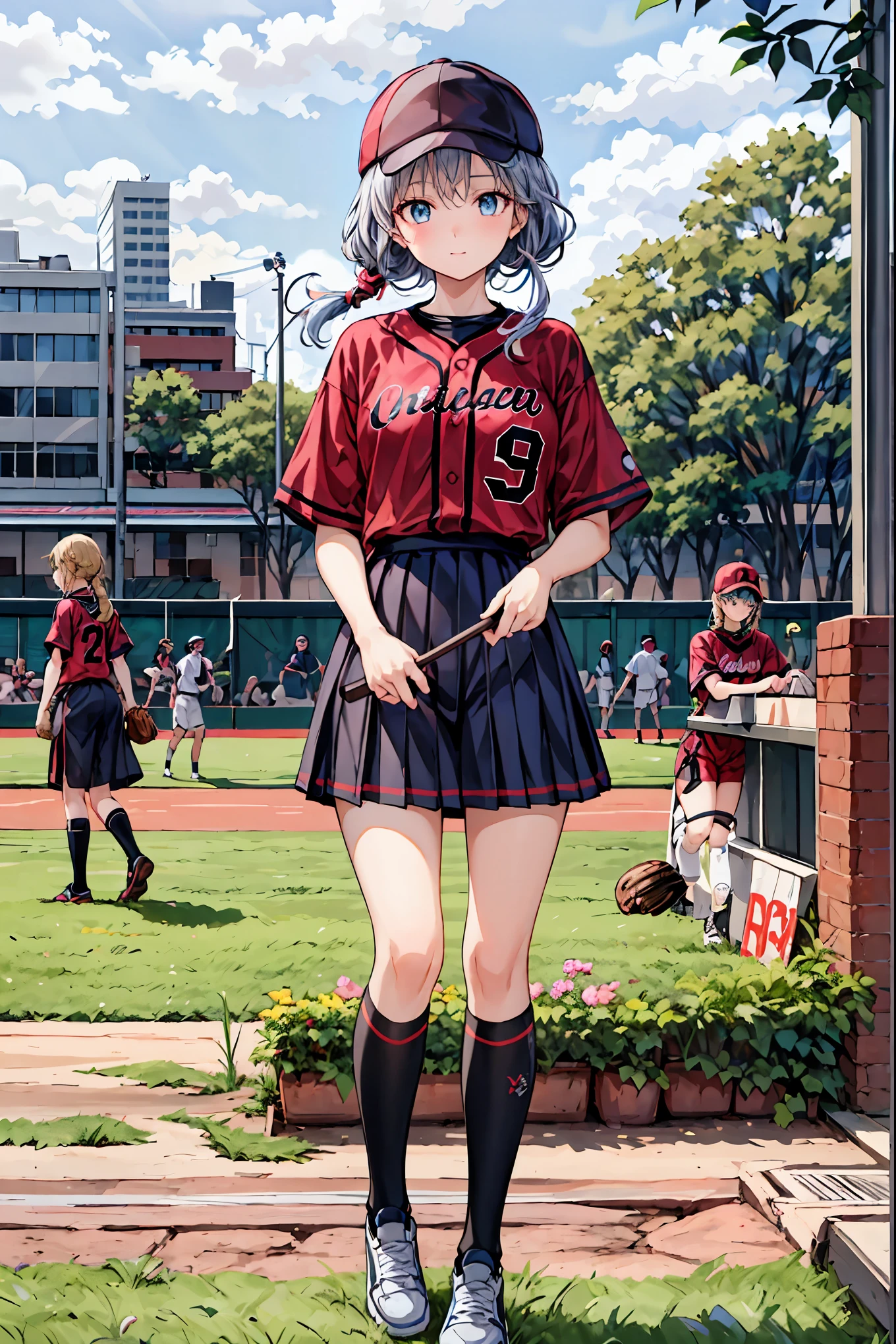 (( highest quality)), ( very detailed), ( high definition CG synthesis 8K wallpaper), 高いly detailed, 高い-definition raw colbor photos, Professional Photoshoot, depth of written border ,(( Masterpiece)), (( highest quality)), (( highest quality)), (( super detailed)), ((8k CG wallpaper)), (( very delicate and beautiful )), ((figure)), ( high resolution),Female baseball player, baseball field, STADIUM, homerun, Uniforms,Women's volleyball players doing southpaw , Hair, shortcuts, unkempt hair,Short braided hair,Neat, slender beautiful woman,Correct posture,Small chest, beautiful legs, has enchanting gray-blue eyes that shine like stars, droopy eyes , vibrant colors, beautiful eyes,A delicate smile,Textured Skin, Best Quality at its Best , gentle and beautiful woman , anime style、,