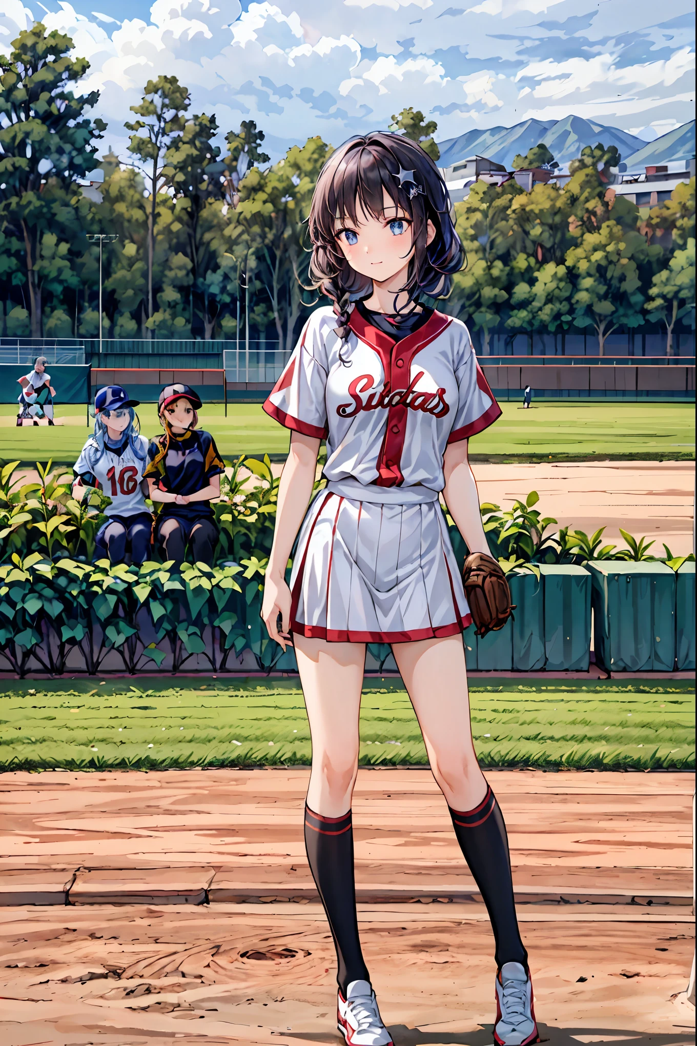 (( highest quality)), ( very detailed), ( high definition CG synthesis 8K wallpaper), 高いly detailed,  高い-definition raw colbor photos,  Professional Photoshoot,   depth of written border ,(( Masterpiece)), (( highest quality)), (( highest quality)), (( super detailed)), ((8k CG wallpaper)), (( very delicate and beautiful )), ((figure)), ( high resolution),Female baseball player， baseball field， STADIUM， homerun， Uniforms，Women's volleyball players doing southpaw ， Hair， shortcuts， unkempt hair，Short braided hair，Neat， slender beautiful woman，Correct posture，Small chest， beautiful legs， has enchanting gray-blue eyes that shine like stars， droopy eyes ， vibrant colors, beautiful eyes,A delicate smile,Textured Skin, Best Quality at its Best , gentle and beautiful woman , anime style､，